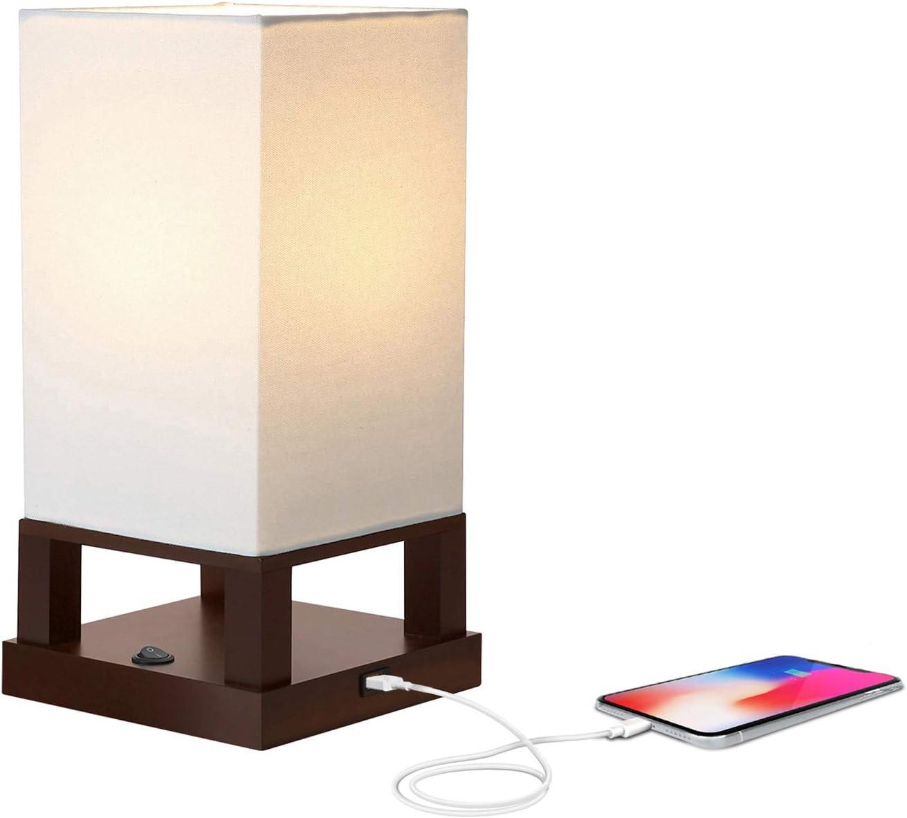 Brightech Maxwell 14 in. Mid-Century Modern LED Bedside Table Lamp with Fabric Square Shade