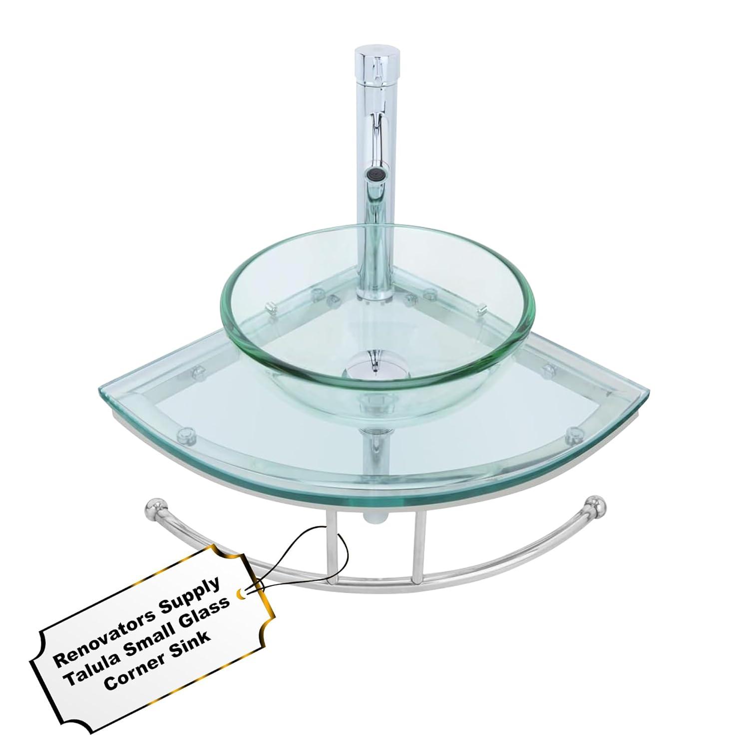 The Renovators Supply Inc. 10889 Round Corner Glass Wall Mount Bathroom Vessel Sink with Chrome Faucet Towel Bar