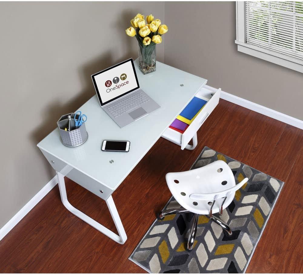 White Glass and Steel Computer Desk with Drawers and Keyboard Tray