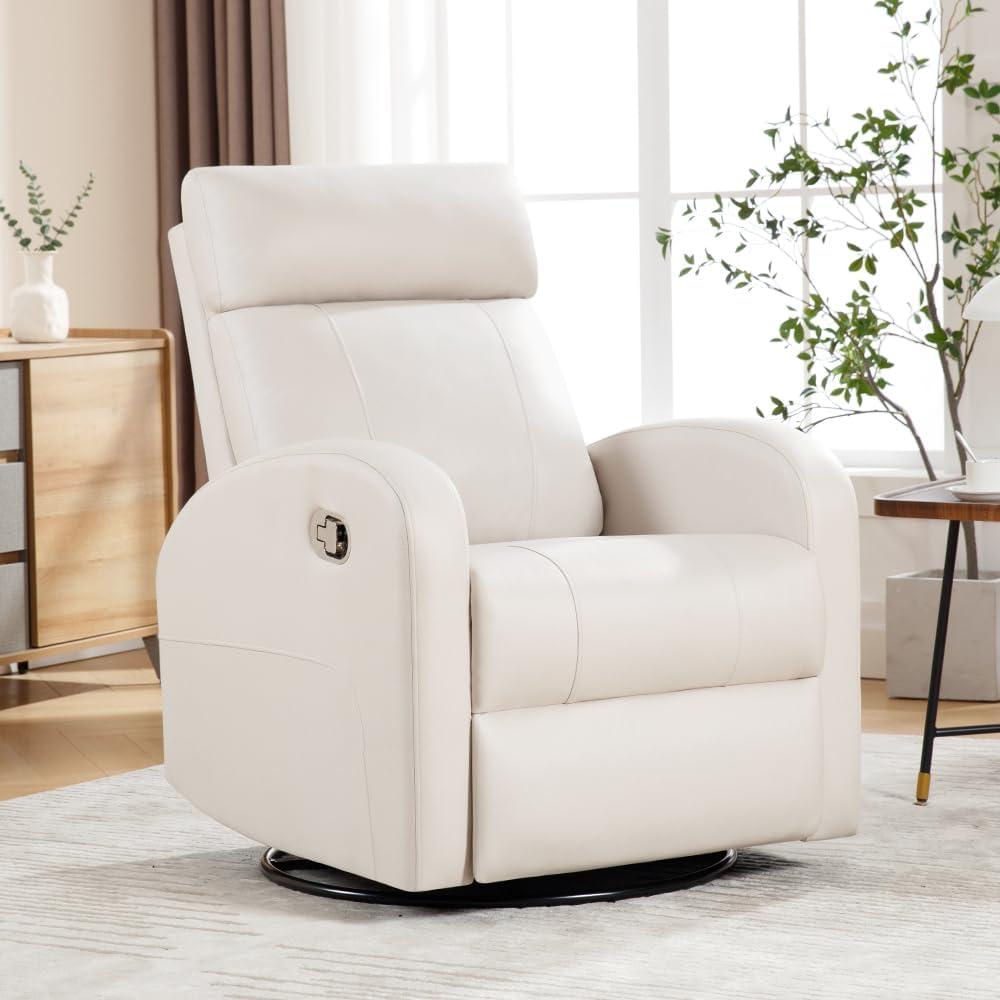 Beige Faux Leather Swivel Recliner with Adjustable Headrest