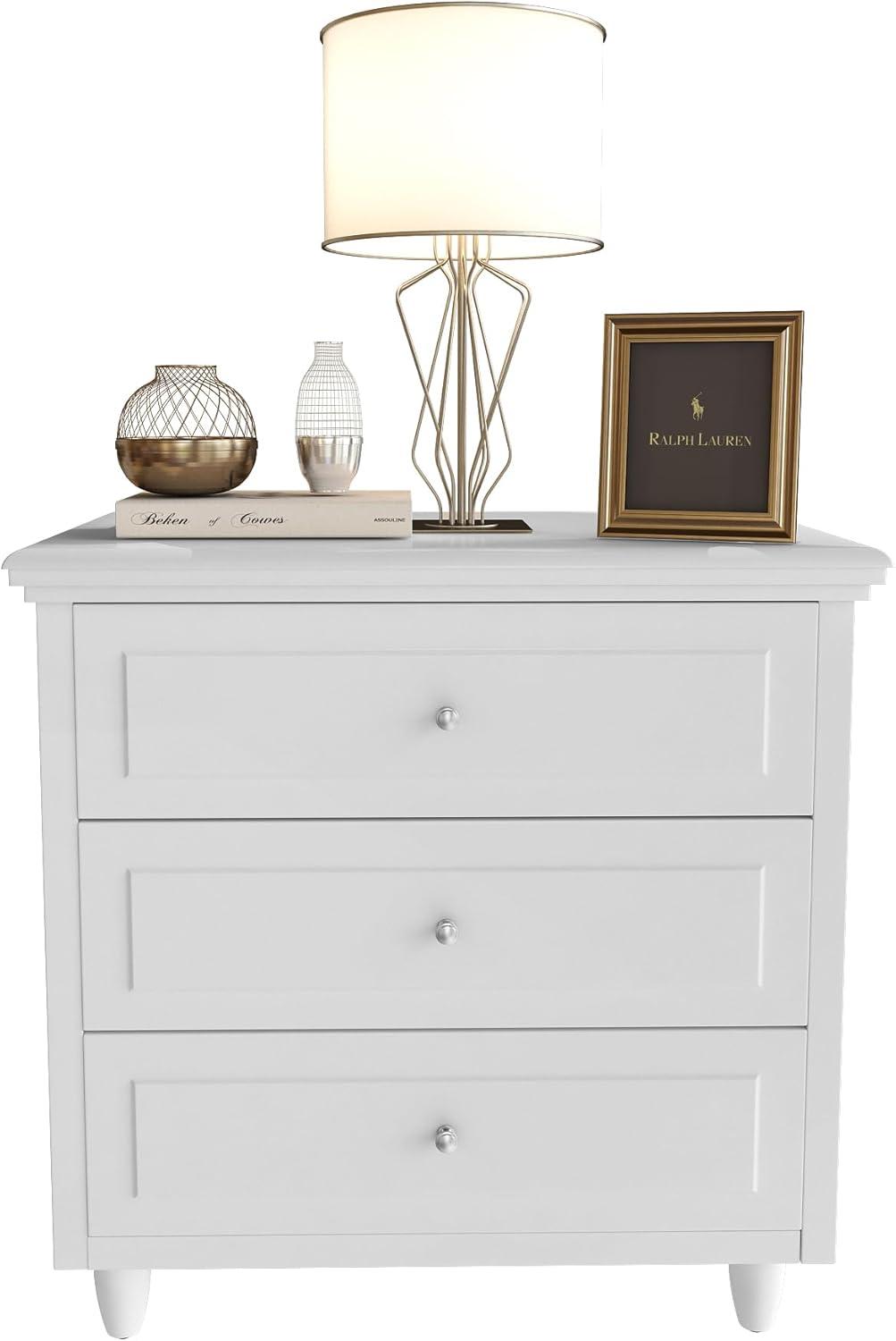 AWQM 3 Drawers Nightstand, with Wood Legs,Modern White Drawers Dresser Bedside Nightstand,Ideal for Bedroom,Living Room, 15.75" D x 21.65" W x 23.6" H,White