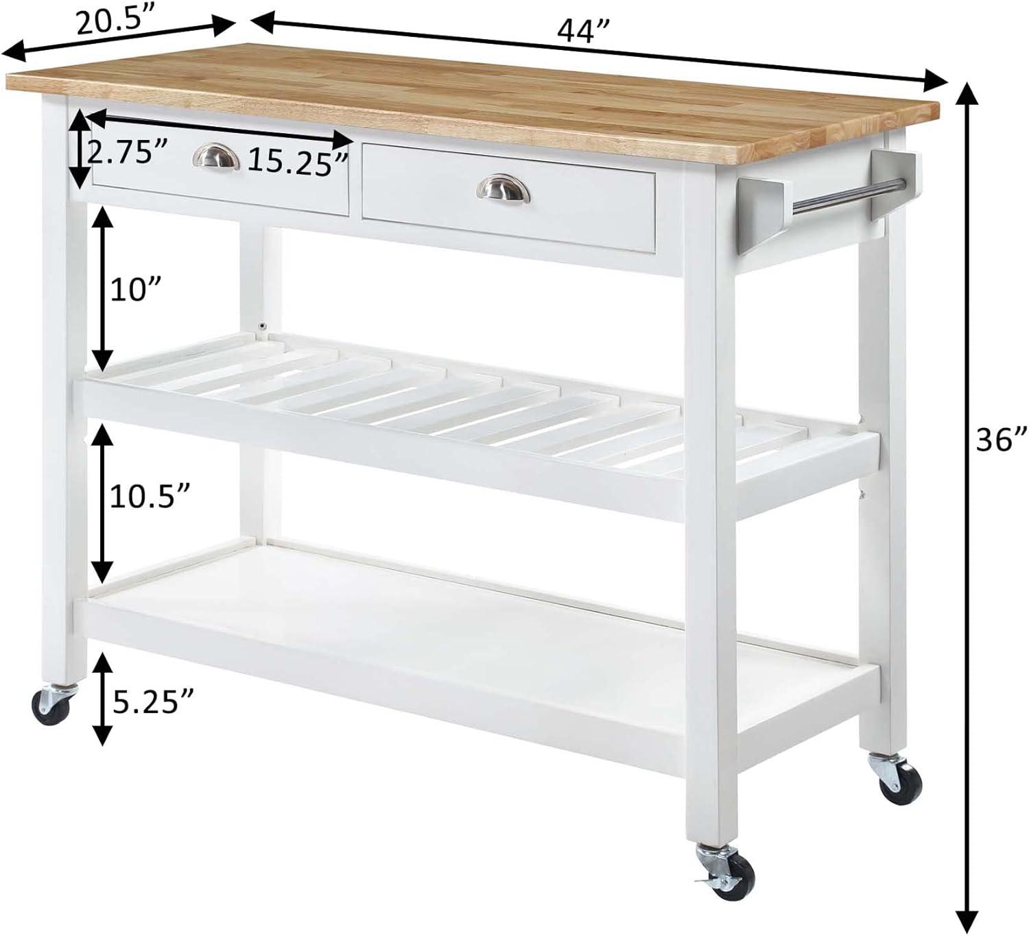 Convenience Concepts American Heritage 3 Tier Butcher Block Kitchen Cart with Drawers, White/Butcher Block