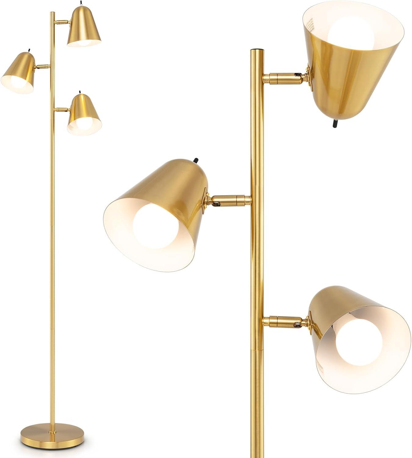 Tangkula 64" Mid Century Modern Floor Lamp 3 Light Tree, Standing Tall Pole Lamp w/ 3 LED Bulbs & Adjustable Heads (Antique Brass)
