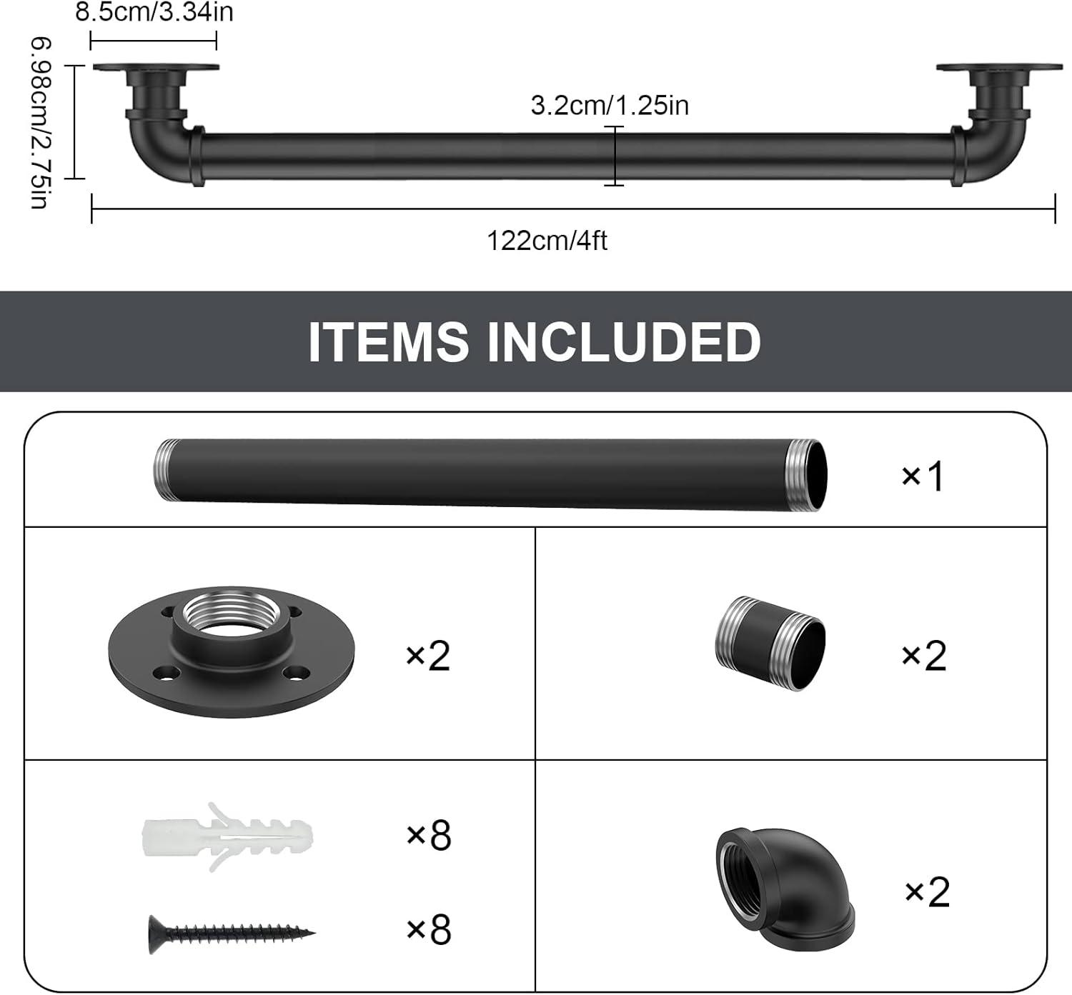 4FT Industrial Stair Railing Wall Mount Staircase Handrail φ1.3" Pipe Hand Rail for Steps Grab Bar Foot Rail Vintage Pipe Railing Black Deck Handrail for Outdoor Indoor Stairs Porch