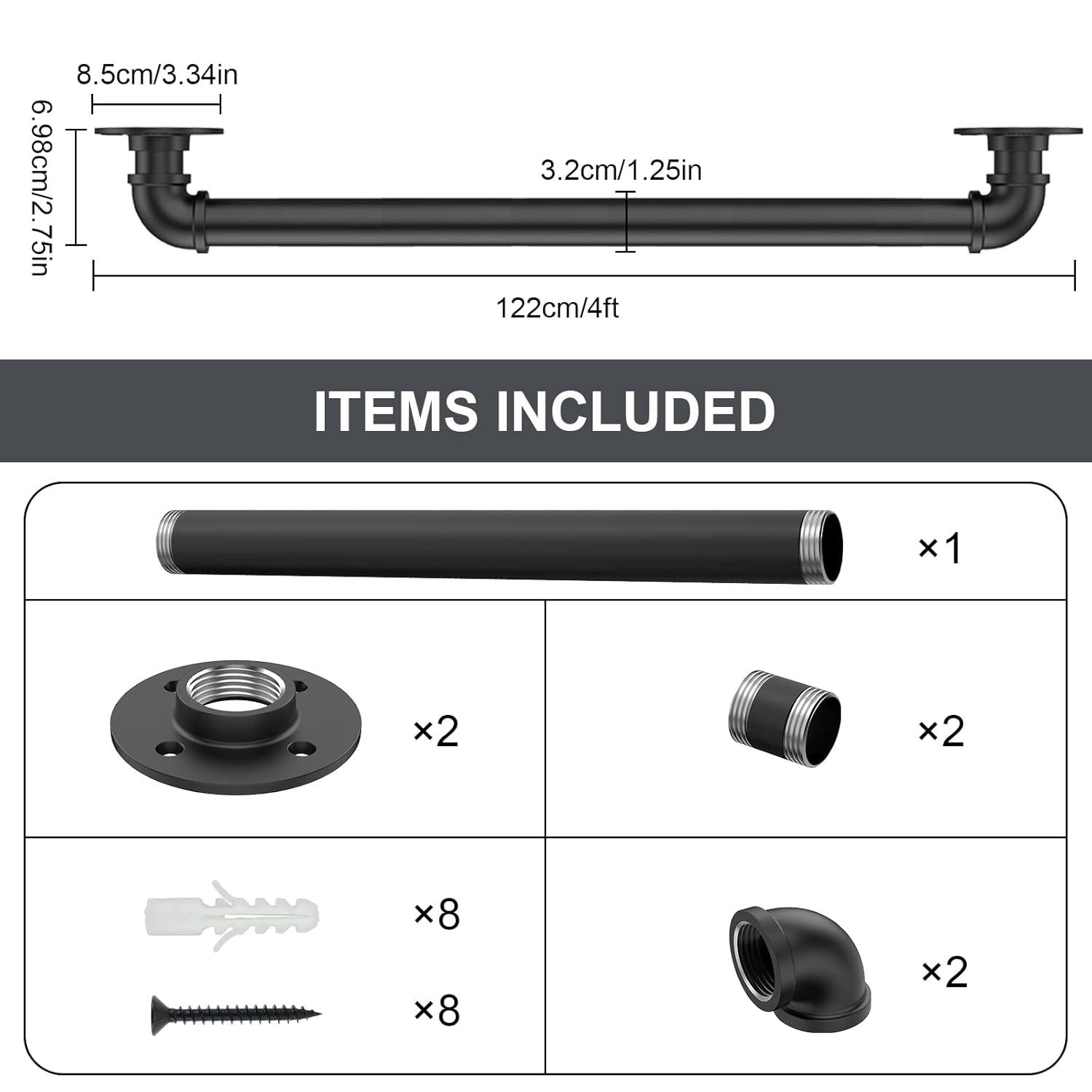 4FT Industrial Stair Railing Wall Mount Staircase Handrail φ1.3" Pipe Hand Rail for Steps Grab Bar Foot Rail Vintage Pipe Railing Black Deck Handrail for Outdoor Indoor Stairs Porch