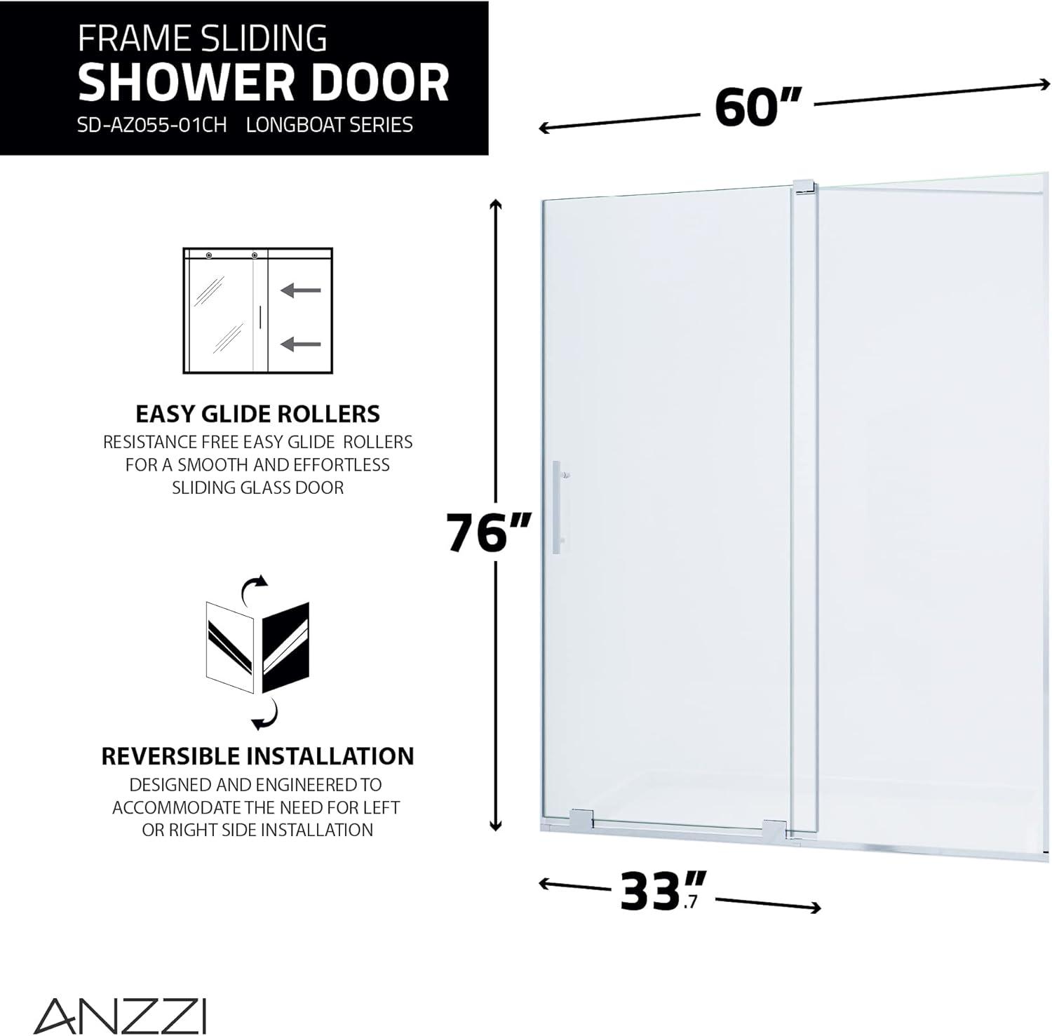 Longboat Series 60" - 60" W x 76" H Single Sliding Semi-Frameless Shower Door with Tsunami Guard