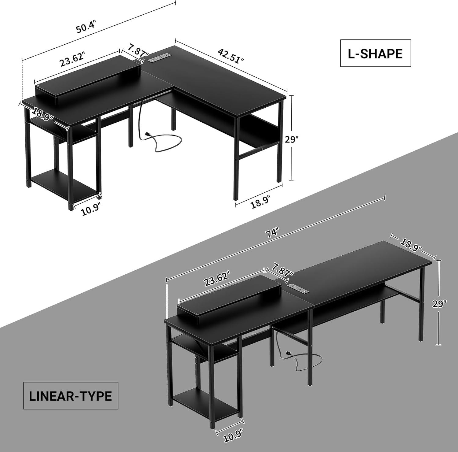 Homieasy Reversible L Shaped Desk with Magic Power Outlets and USB Charging Ports, Sturdy Corner Computer Desk with Storage Shelves, Gaming Table Home Office Desk, Easy to Assemble, Black