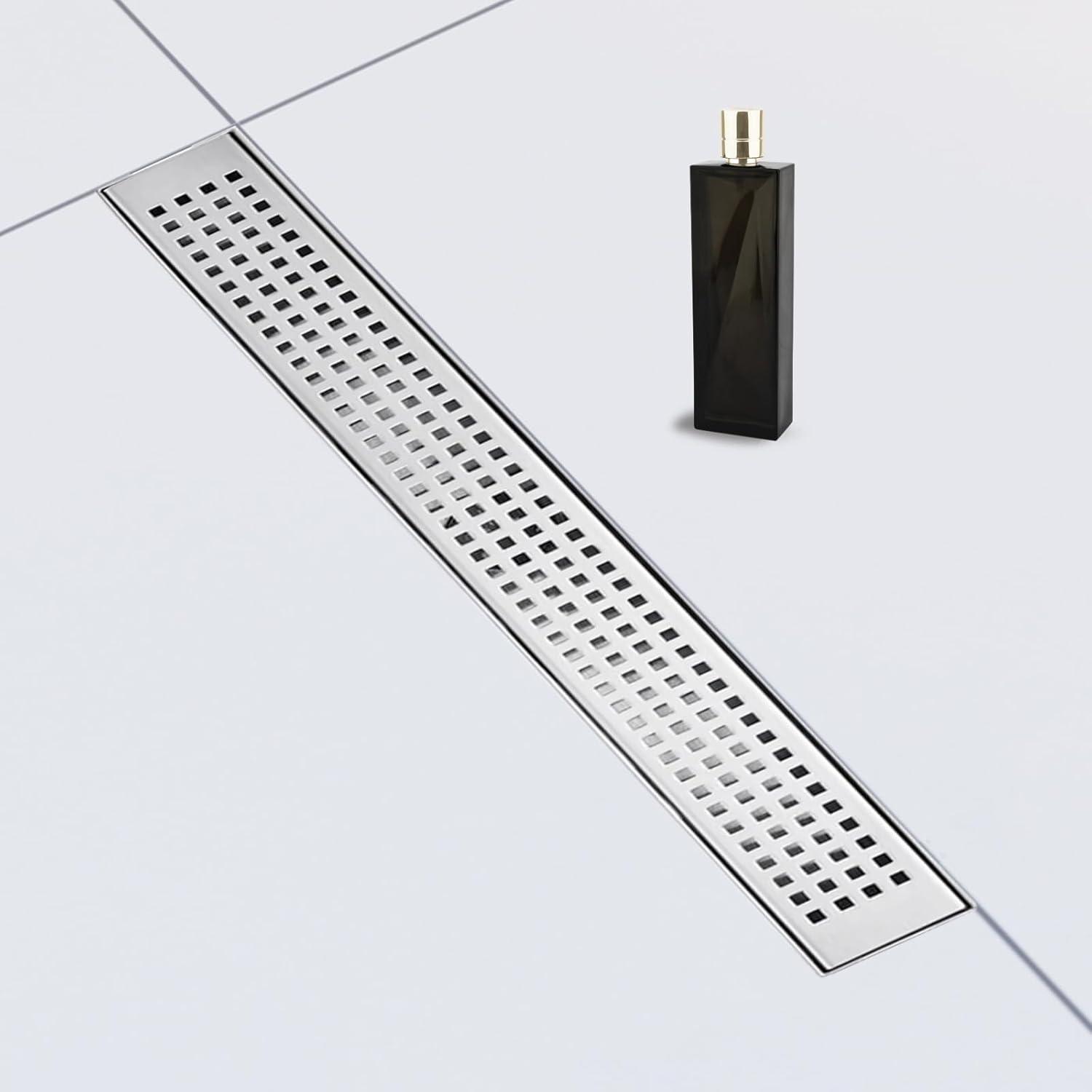 32 Inch Stainless Steel Linear Shower Drain with Square Pattern