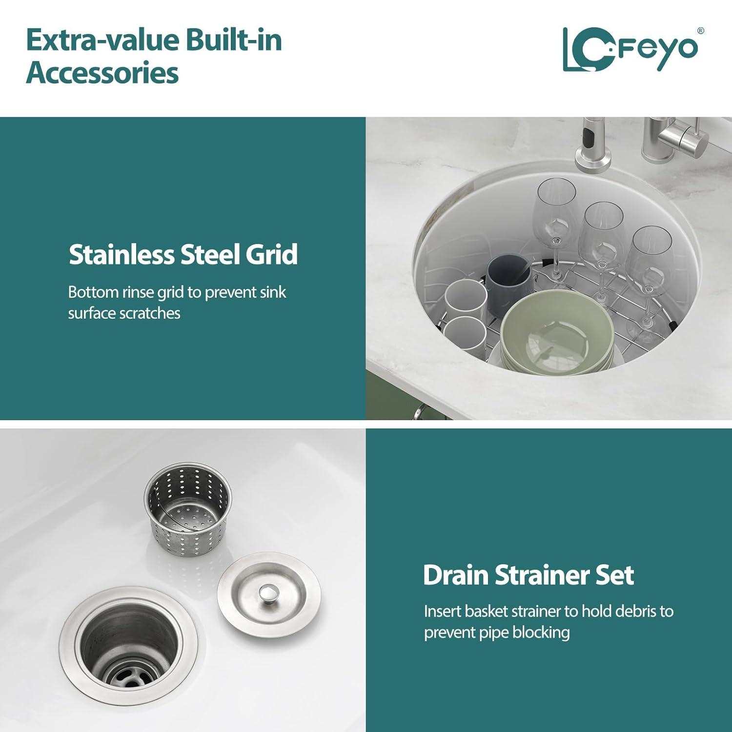 White Undermount Kitchen Sink 18"x18" Round White Undermount Sink Round Ceramic Fireclay Single Bowl Deep Bar Sink with Sink Grid and Basket Strainer.LOF-LWFS1818