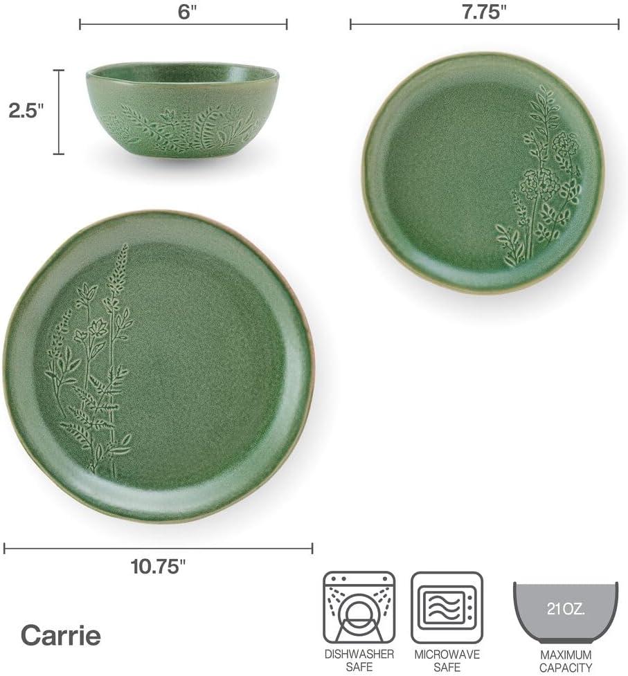 Green Ceramic 12-Piece Dinnerware Set with Textured Accent