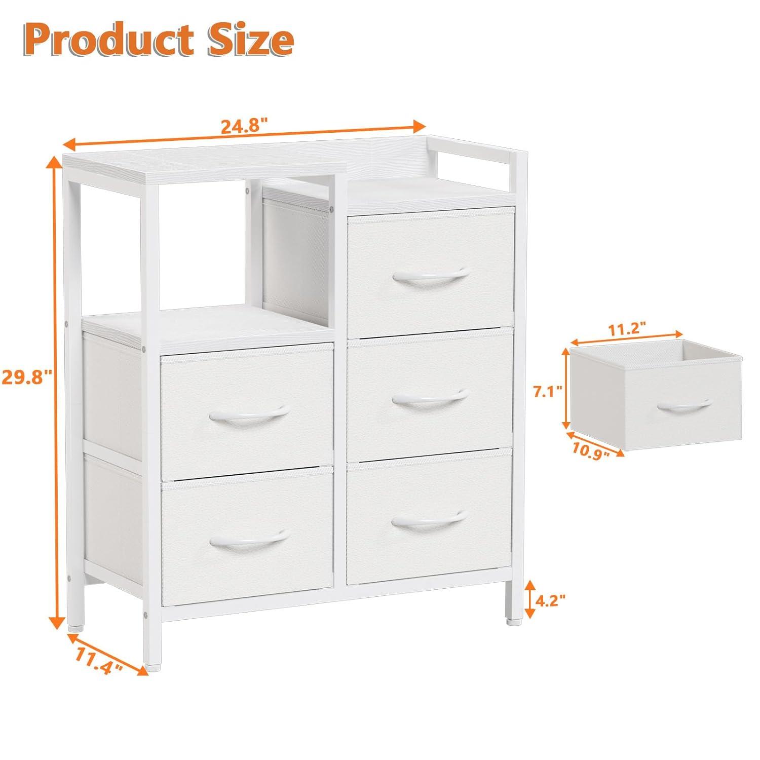 Furnulem 5 Drawer White Dressers for Bedroom 2 Tier Shelf Storage Small Fabric Dresser for Closet Sturdy Metal Frame Modern Style Storage Cabinets Organization Units for Hallway Rooms