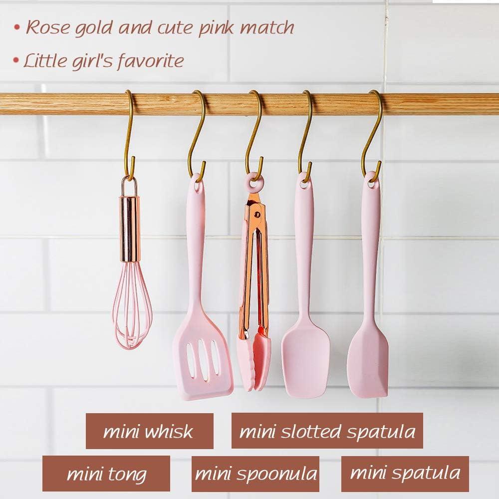 Hvanam Rose Gold And Pink Kitchen Utensil Small Five-Piece Set Mini Silicone Kids Kitchen Tools Whisk Spatula Tongs Spoon And Slotted Spatula(Pink 5 Piece)