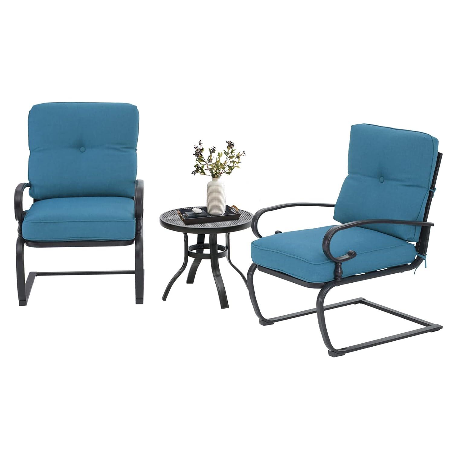 SUNCROWN 3-Piece Patio Furniture Outdoor Bistro Set Spring Metal Chairs and Round Bistro Table, Blue