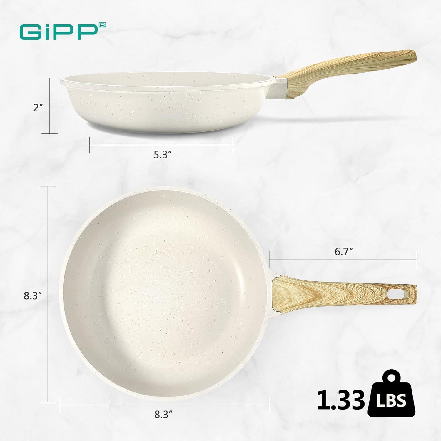 8-Inch White Ceramic Nonstick Aluminum Frying Pan with Woodgrain Handle