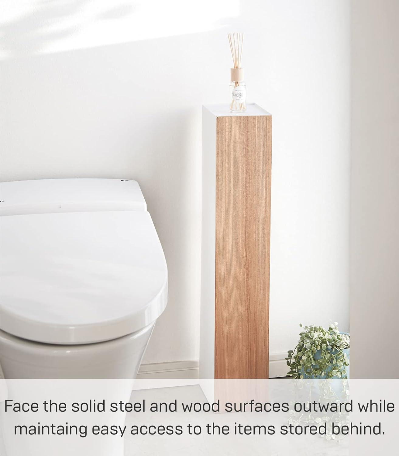 Natural Brown Wooden Toilet Paper Holder with Shelf