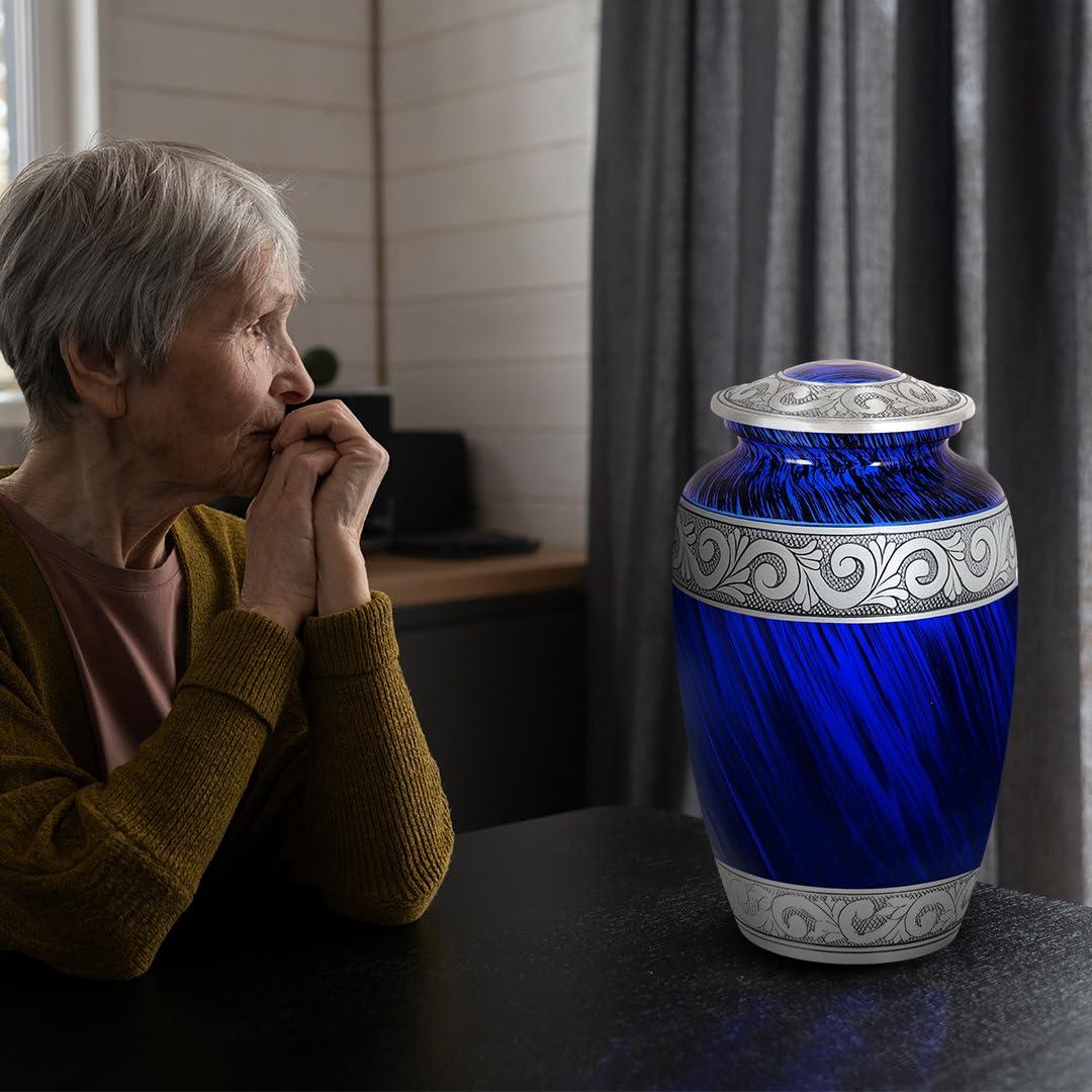 Hand-Engraved Blue Metal Urn with Necklace for Ashes