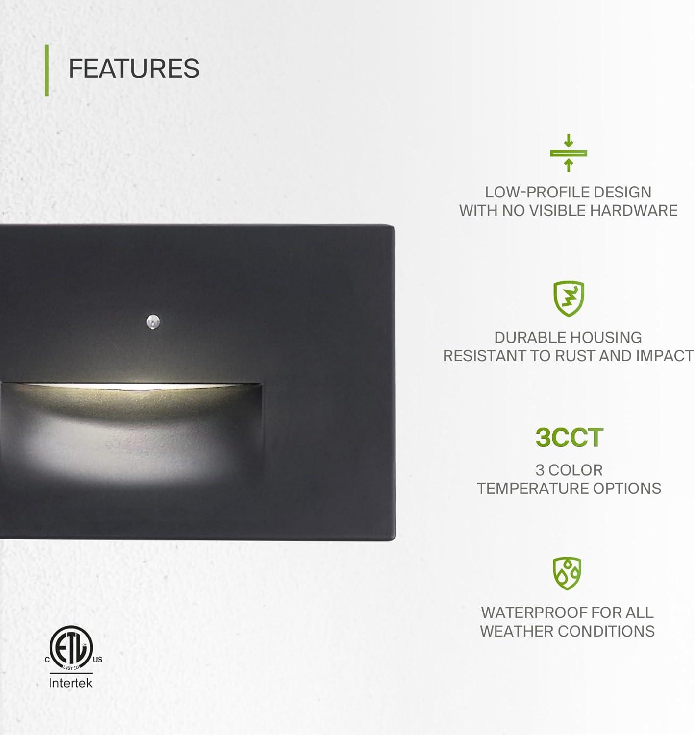 ASD LED Step Light Fixture | 3W 120LM 3000K-5000K 120V | 3CCT, Photocell, Waterproof, ETL Listed | Dusk To Dawn Stair Lamp, Outdoor Tread Lighting, Staircase Spotlight | Black, 4 Pack