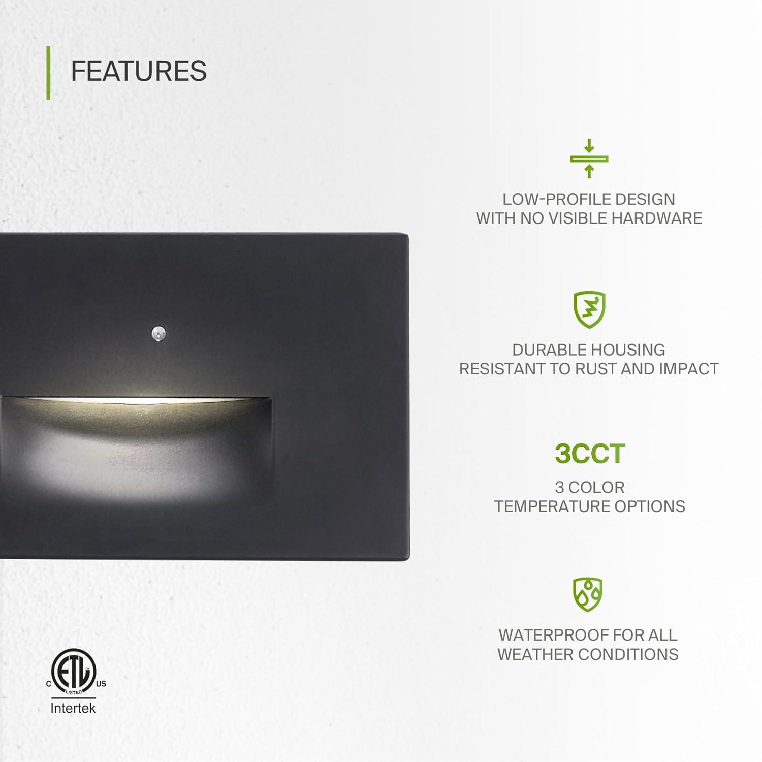 ASD LED Step Light Fixture | 3W 120LM 3000K-5000K 120V | 3CCT, Photocell, Waterproof, ETL Listed | Dusk To Dawn Stair Lamp, Outdoor Tread Lighting, Staircase Spotlight | Black, 4 Pack