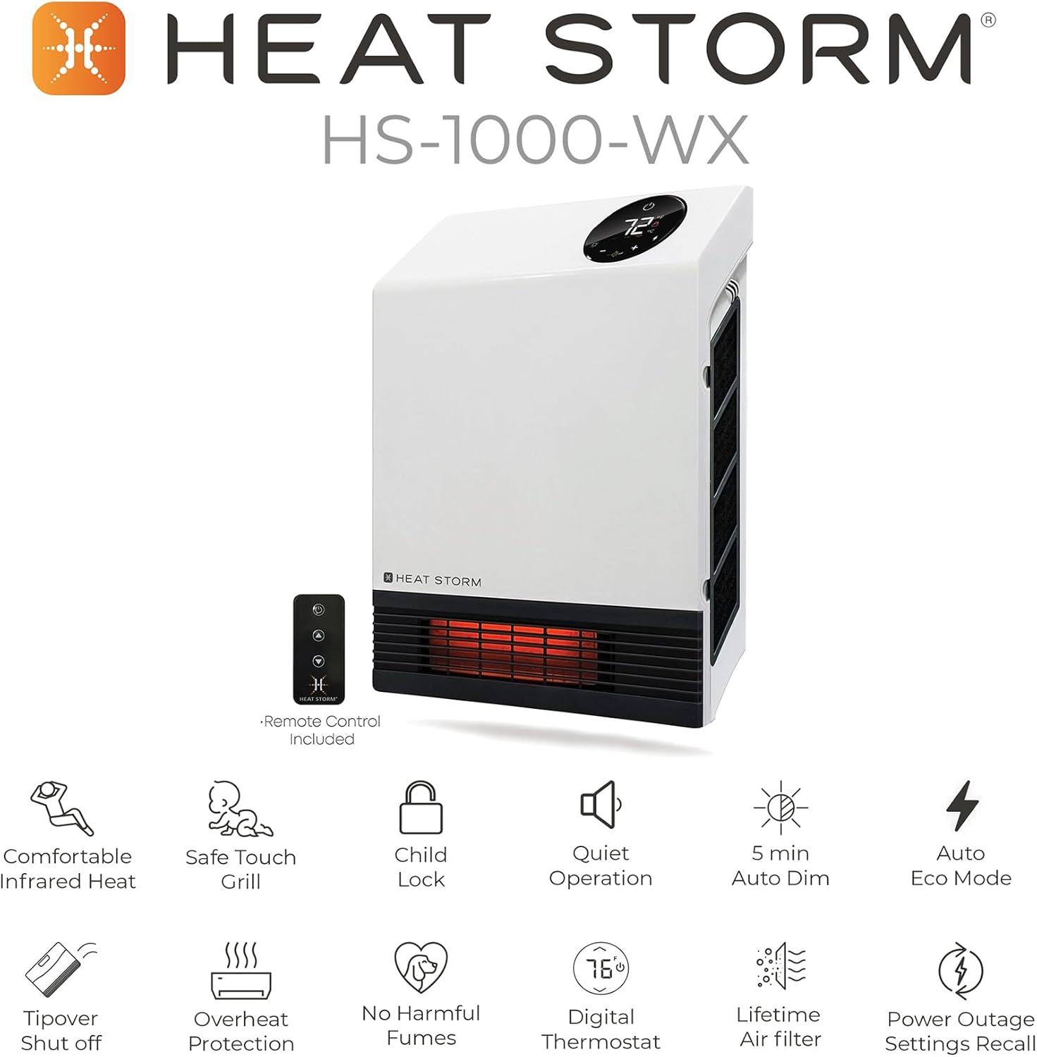 Heat Storm Heat Storm 1000 Watt 3400 BTU Electric Wall Mounted Space Heater with Adjustable Thermostat , Remote Included and with Digital Display