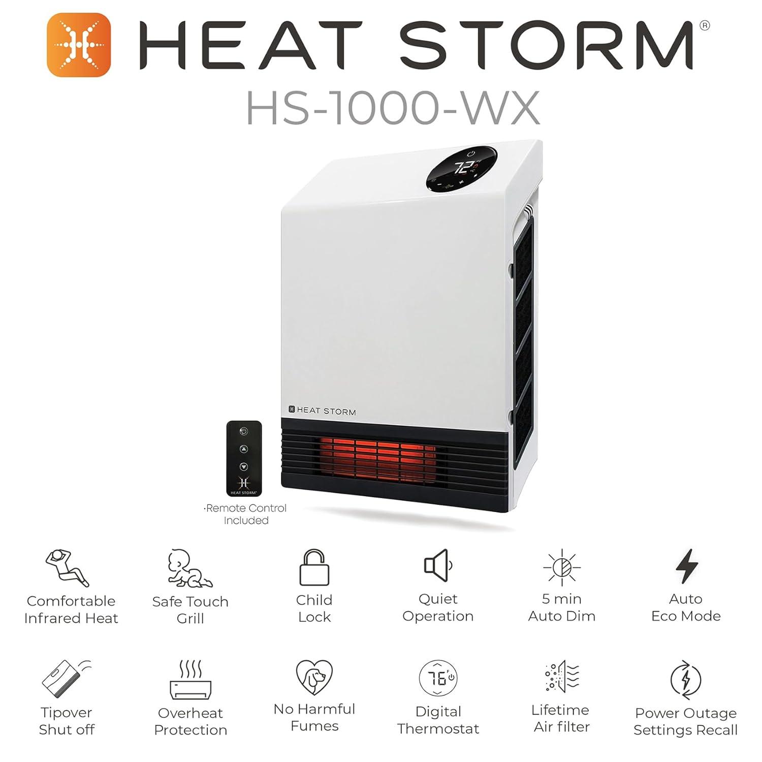 Heat Storm Heat Storm 1000 Watt 3400 BTU Electric Wall Mounted Space Heater with Adjustable Thermostat , Remote Included and with Digital Display