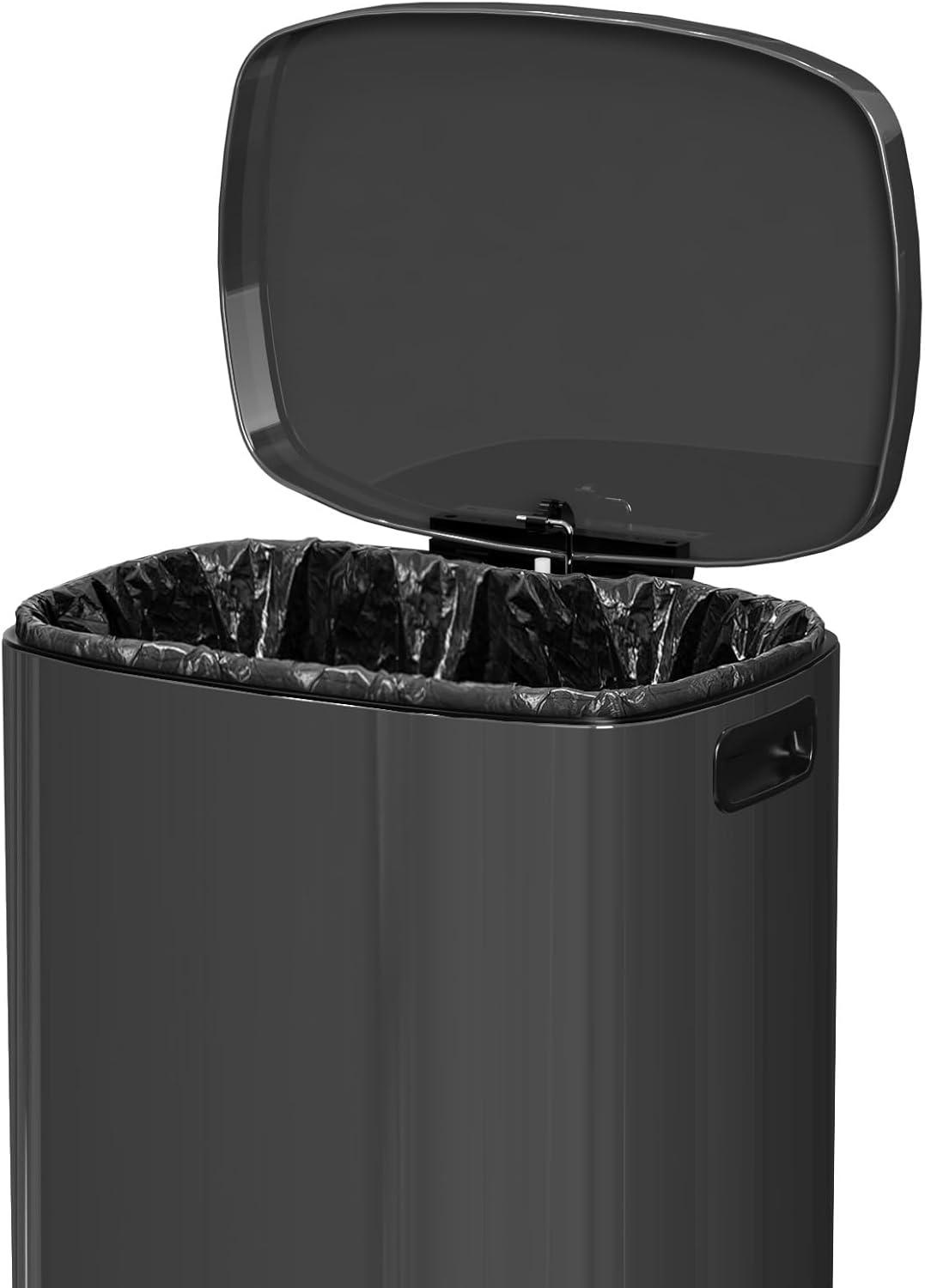 FDW 13 Gallon Stainless Steel Step Kitchen Trash Can with Lid, Fingerprint-Proof for Indoor(Black)