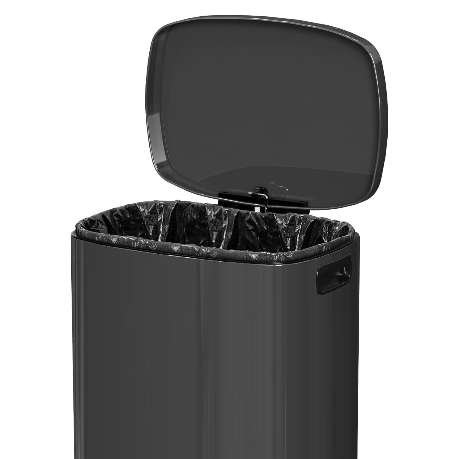 FDW 13 Gallon Stainless Steel Step Kitchen Trash Can with Lid, Fingerprint-Proof for Indoor(Black)