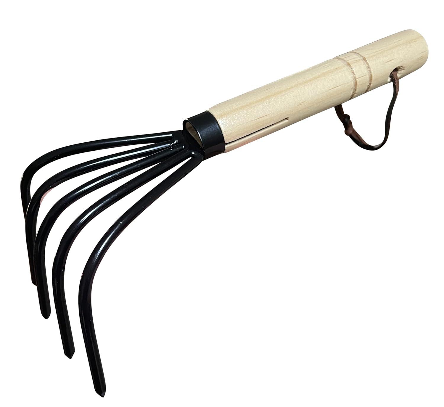 Garden Guru Hand Rake Cultivator Claw Soil Tiller - Military Grade Steel - Rust Resistant - 5 Tine Japanese Ninja Claw - Comfortable Wood Handle - Perfect Pulverized and Aerated Soil