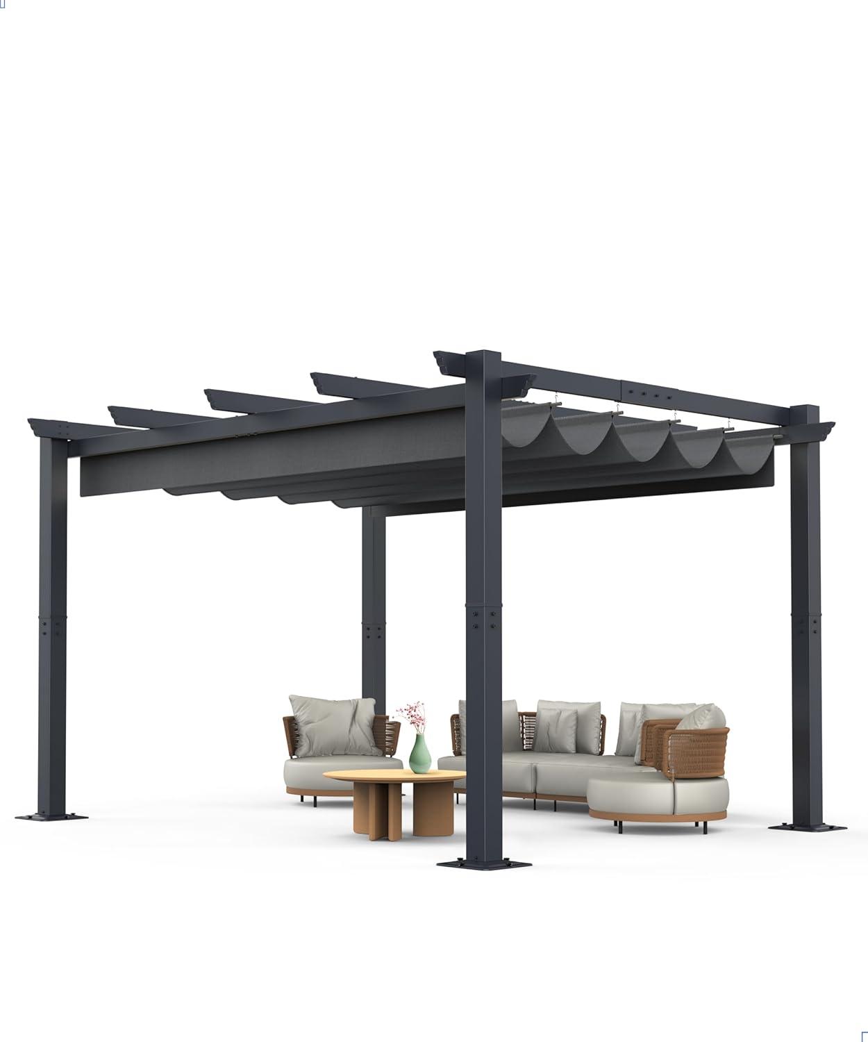 Gray Aluminum Pergola with Retractable Canopy for Outdoor Use