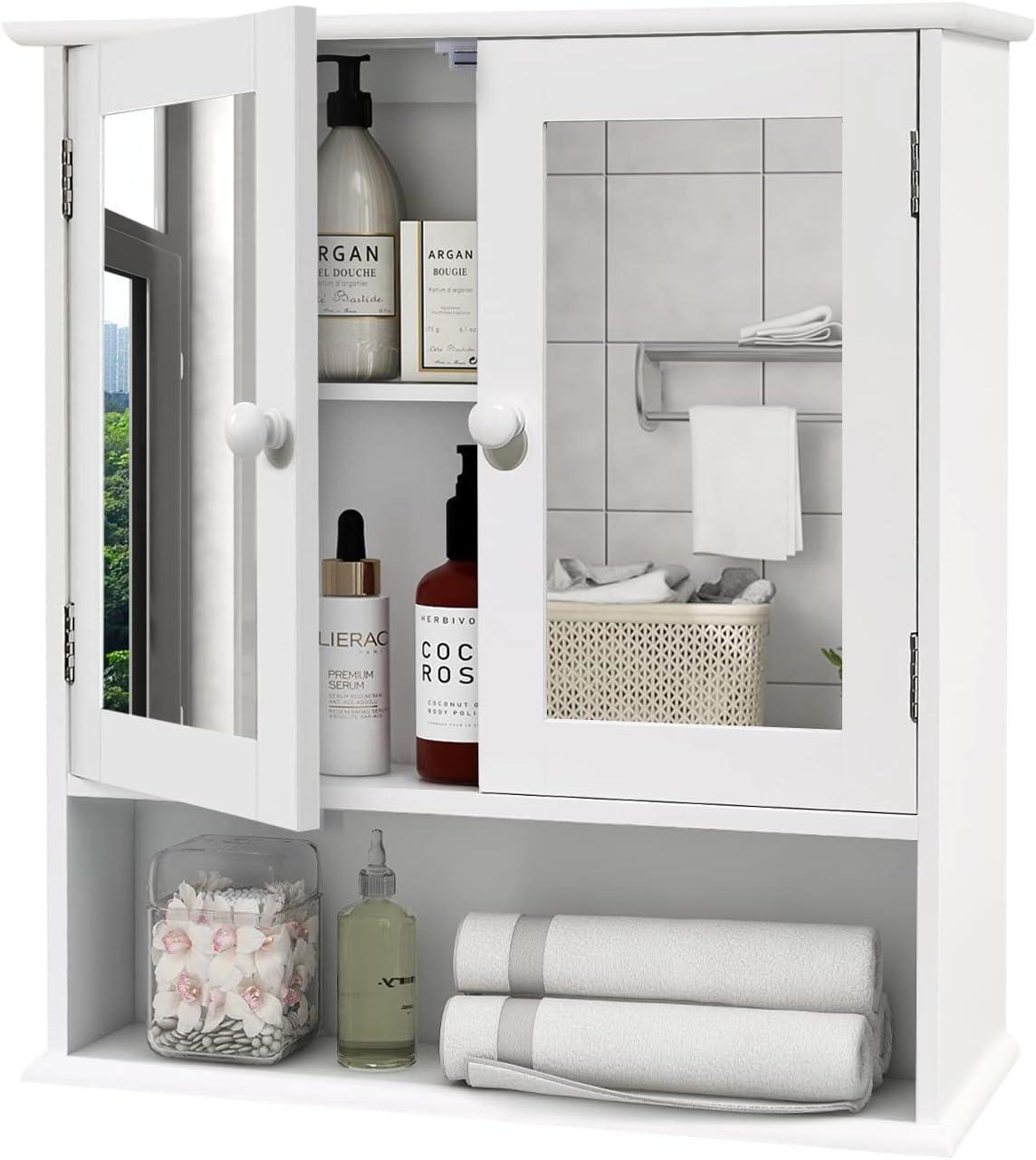 Medicine Cabinet, Medicine Cabinets For Bathroom With Mirror 2 Doors 3 Open Shelf, Bathroom Cabinet Wall Mounted Wooden Storage Over Toilet Laundry Room Kitchen