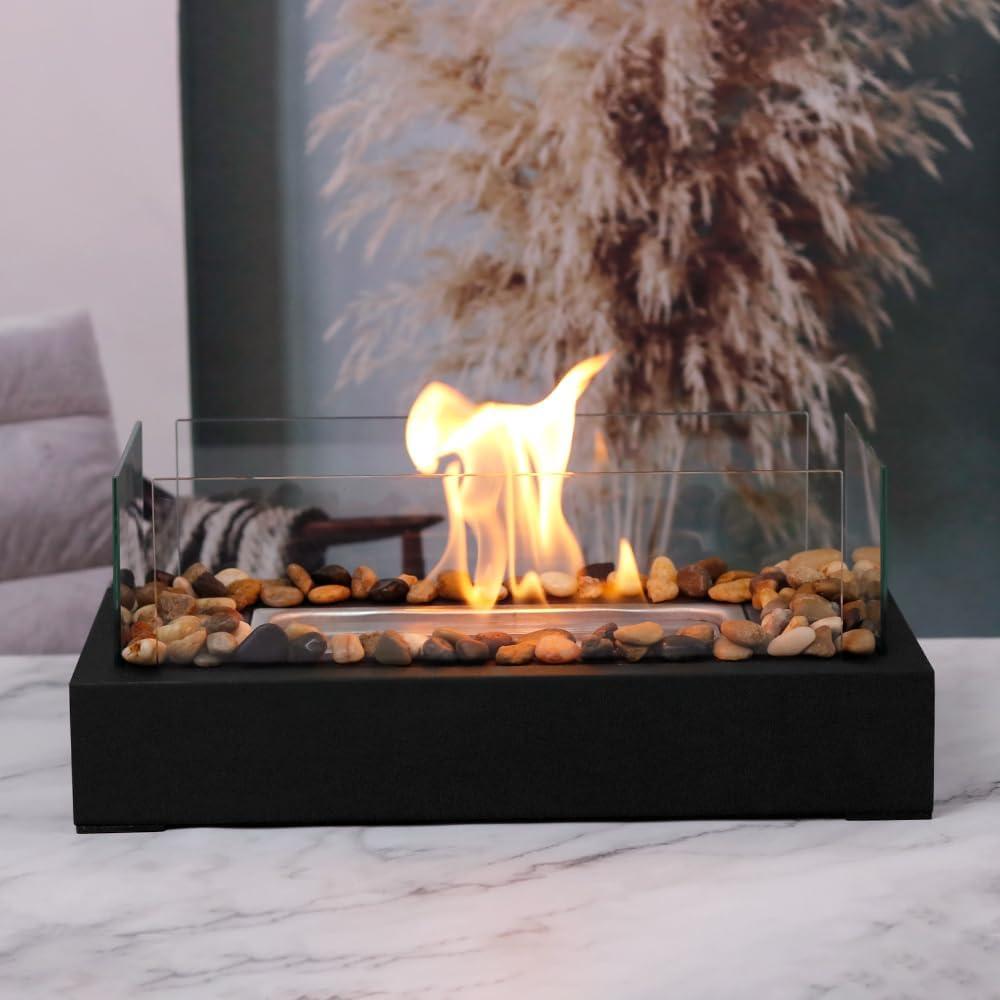 Black Stainless Steel Tabletop Fire Pit with Cobblestone