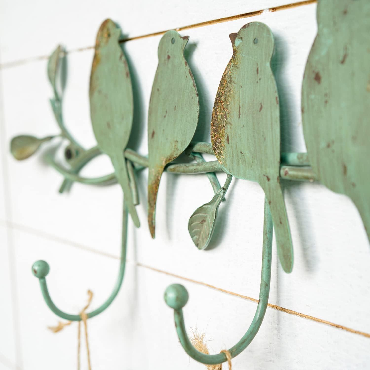 Vintage Green Metal Bird Branch Wall Mounted Coat Rack