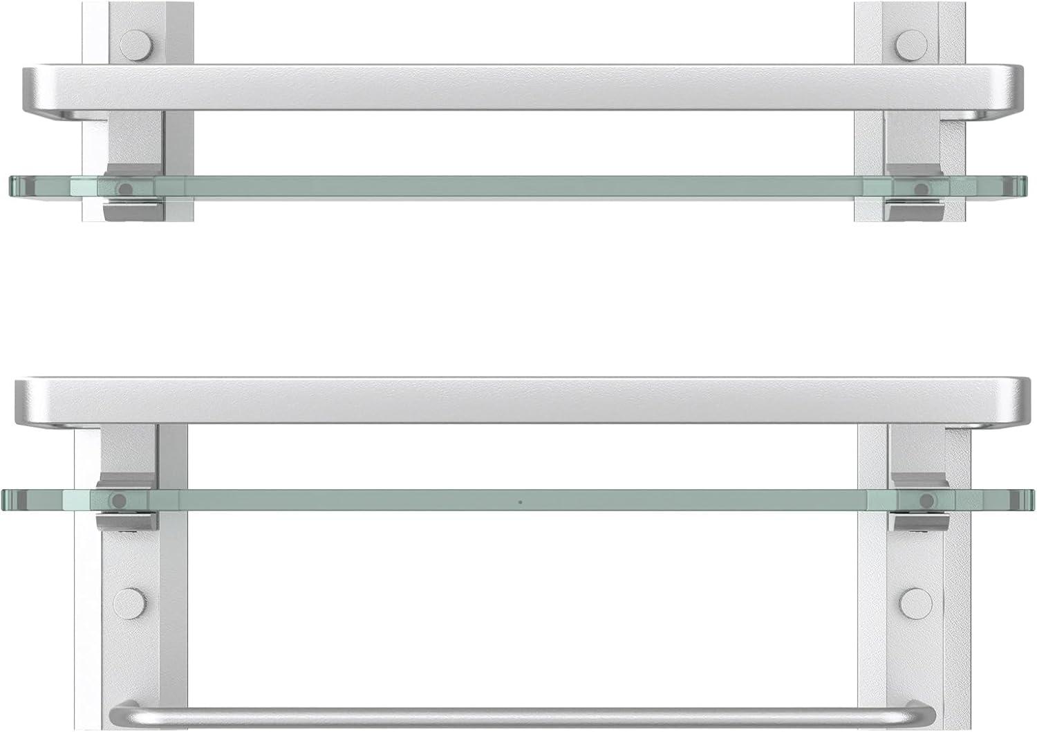 Matte Silver Bathroom Shelves Wall Mounted- Clear Tempered Glass Shelf with Towel Bar and Hand Towel Holder