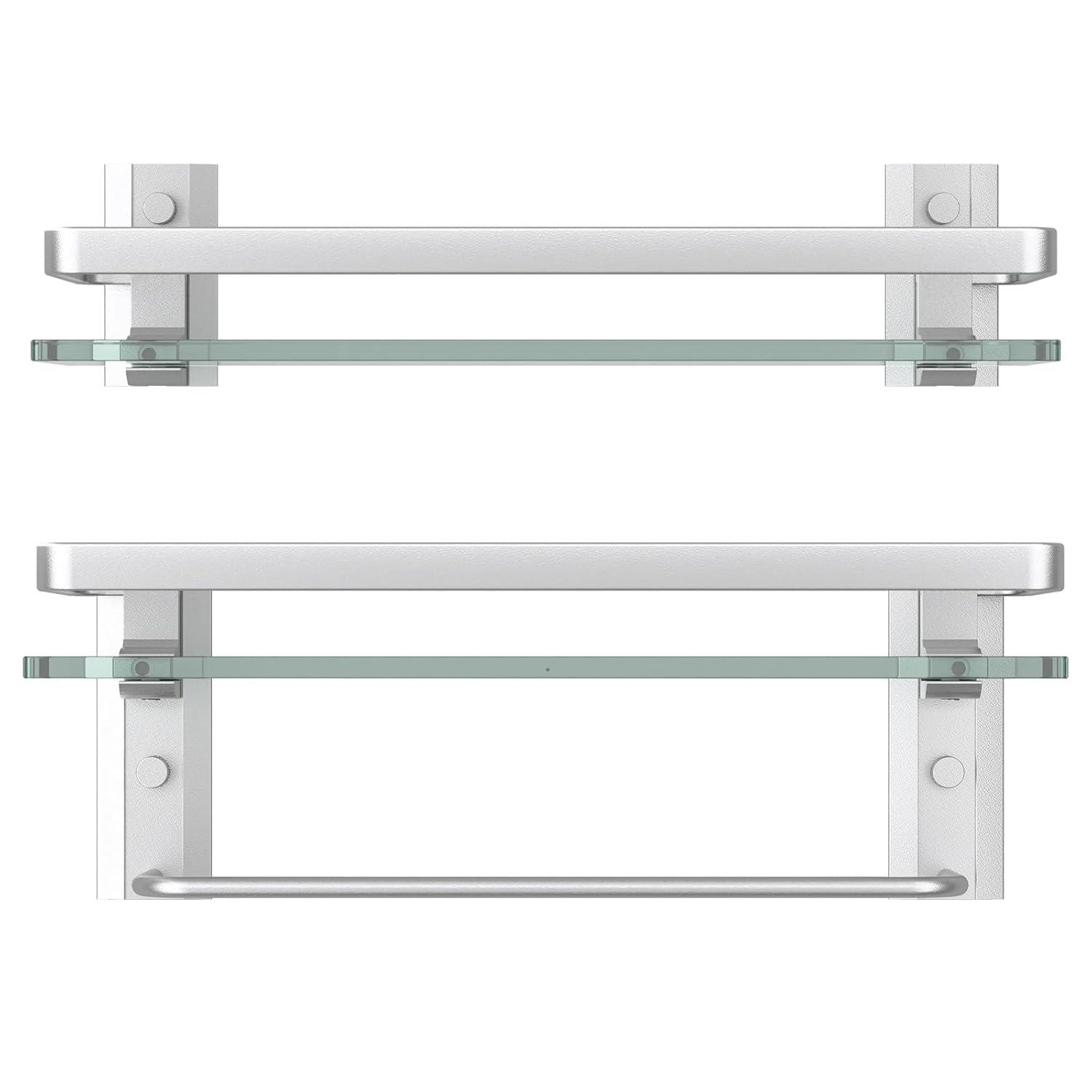 Matte Silver Bathroom Shelves Wall Mounted- Clear Tempered Glass Shelf with Towel Bar and Hand Towel Holder