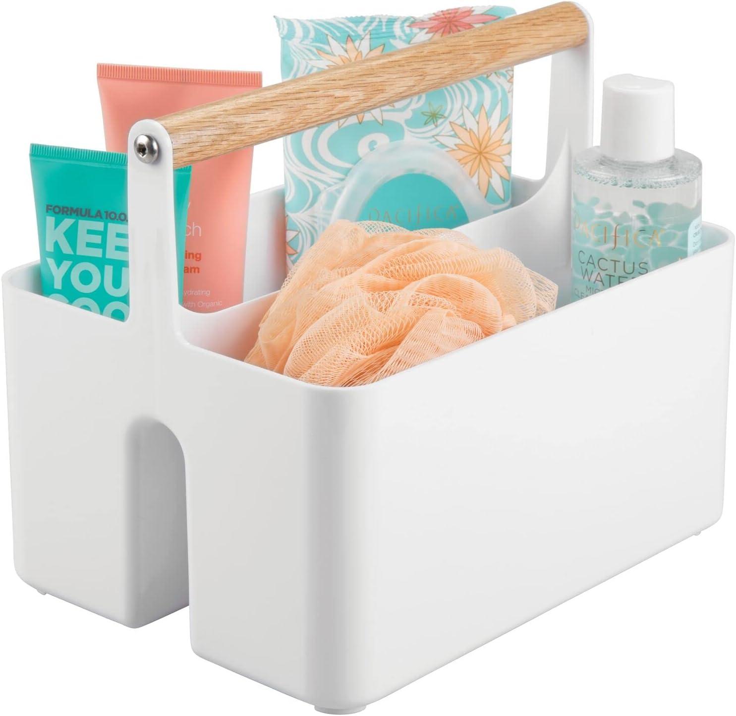 mDesign Plastic Portable Shower Caddy Divided Basket Bin Storage Organizer with Bamboo Handle for Bathroom, Dorm, Shelf & Cabinet Holds Shampoo, Conditioner - Aura Collection, White/Natural