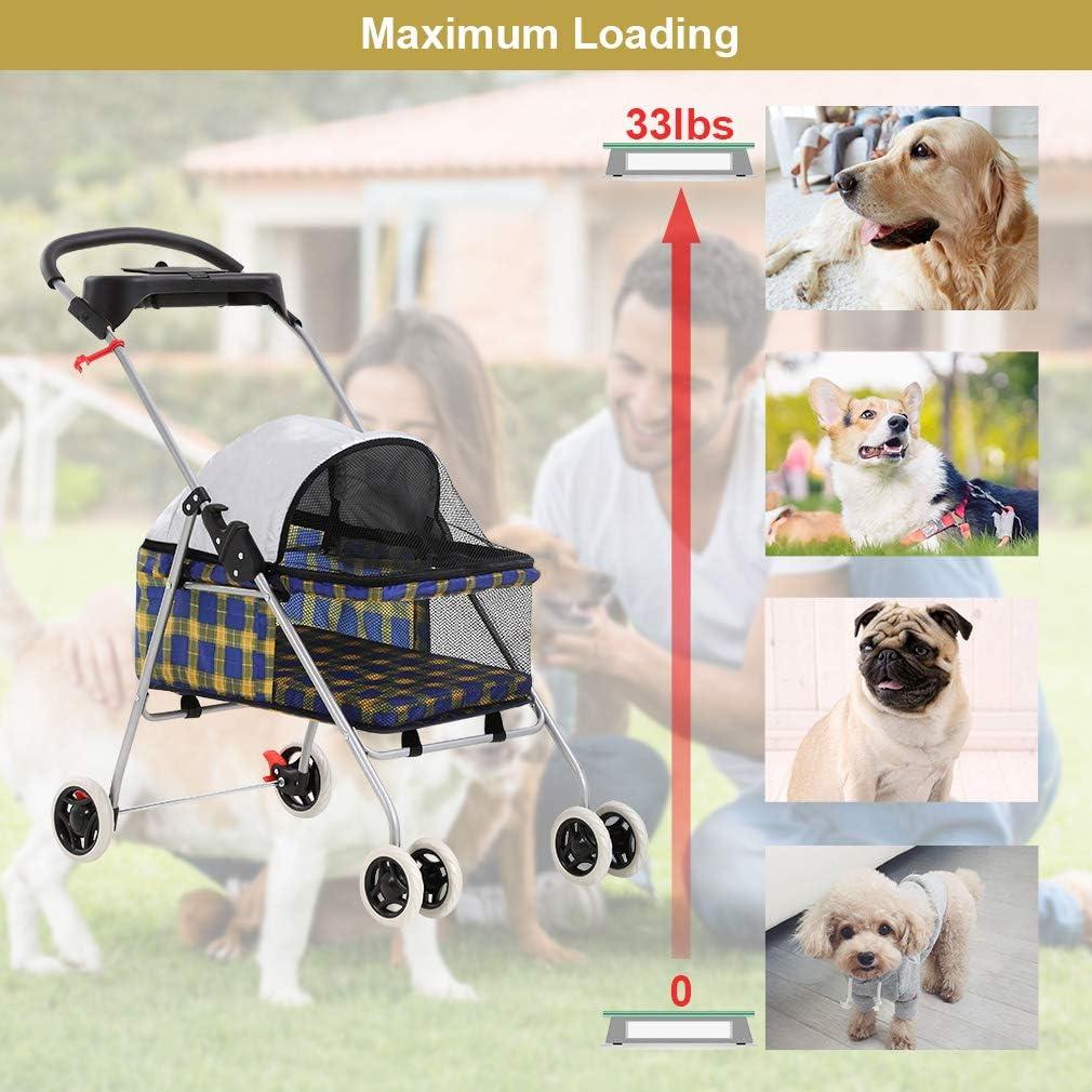 Bestpet Plaid Posh Pet Stroller for Dogs and Cats with Cup Holder, Yellow