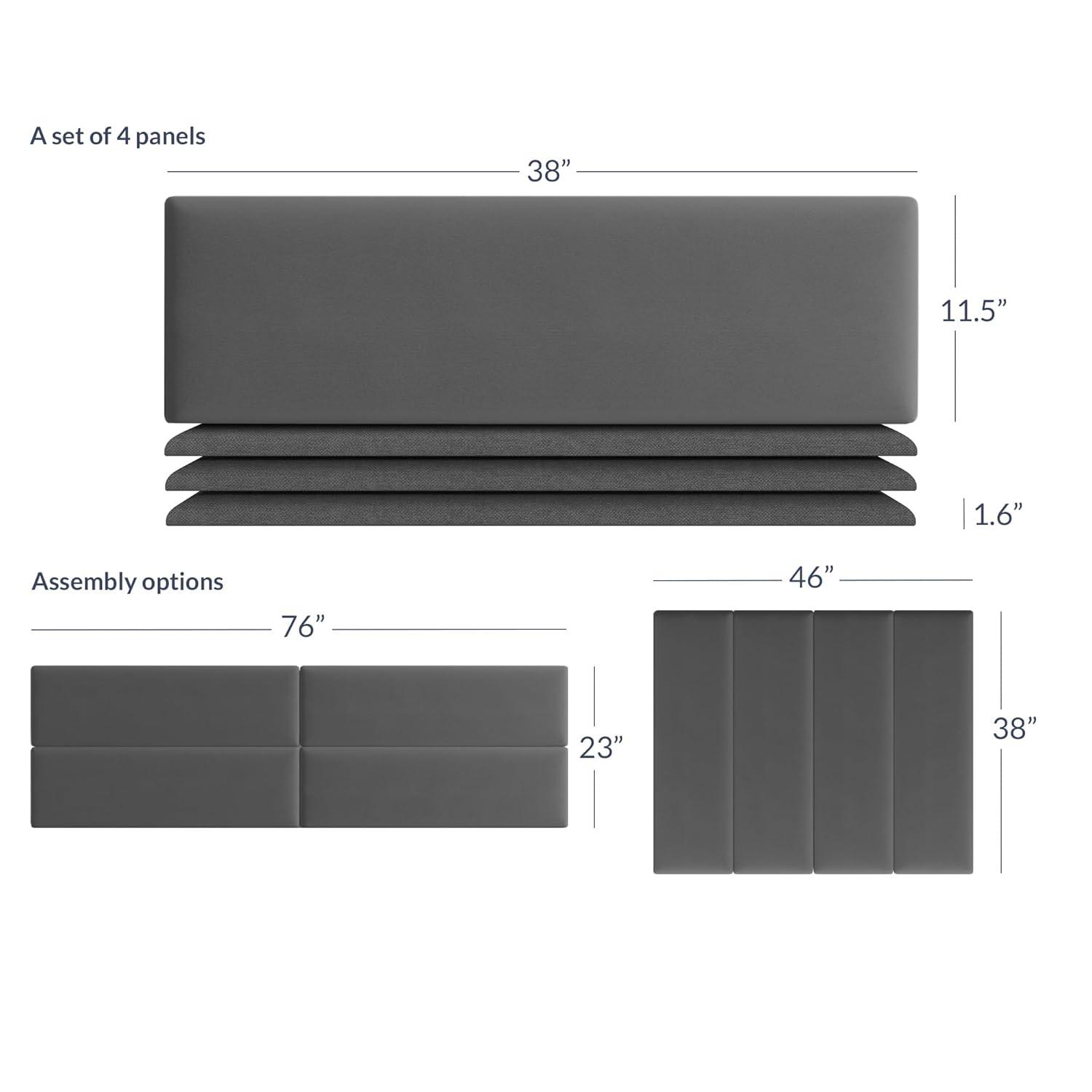 Upholstered Wall Panels Headboards - Pack of 4 Panels, Grey (Each Panel 38" x 11.5")