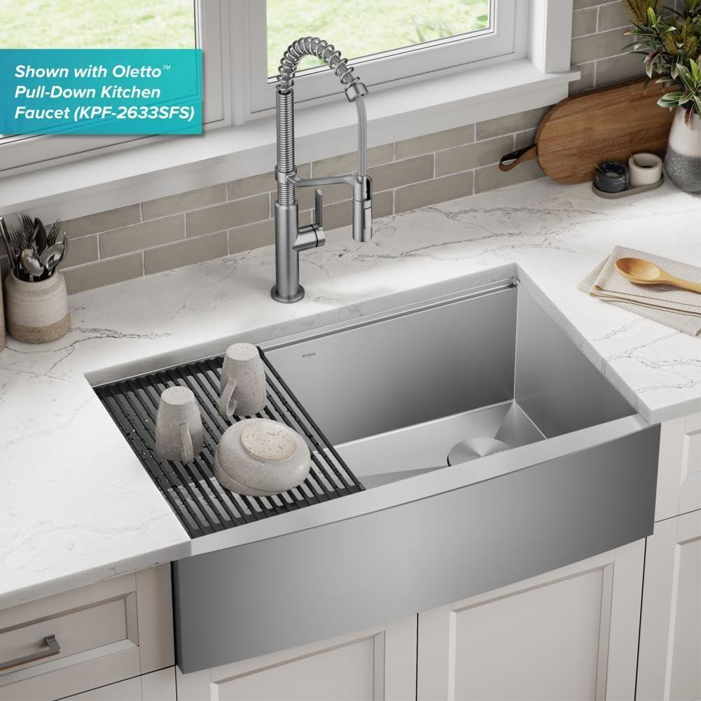 KRAUS® Kore 33" Modern Farmhouse Workstation 16 Gauge Single Bowl Stainless Steel Kitchen Sink with Accessories