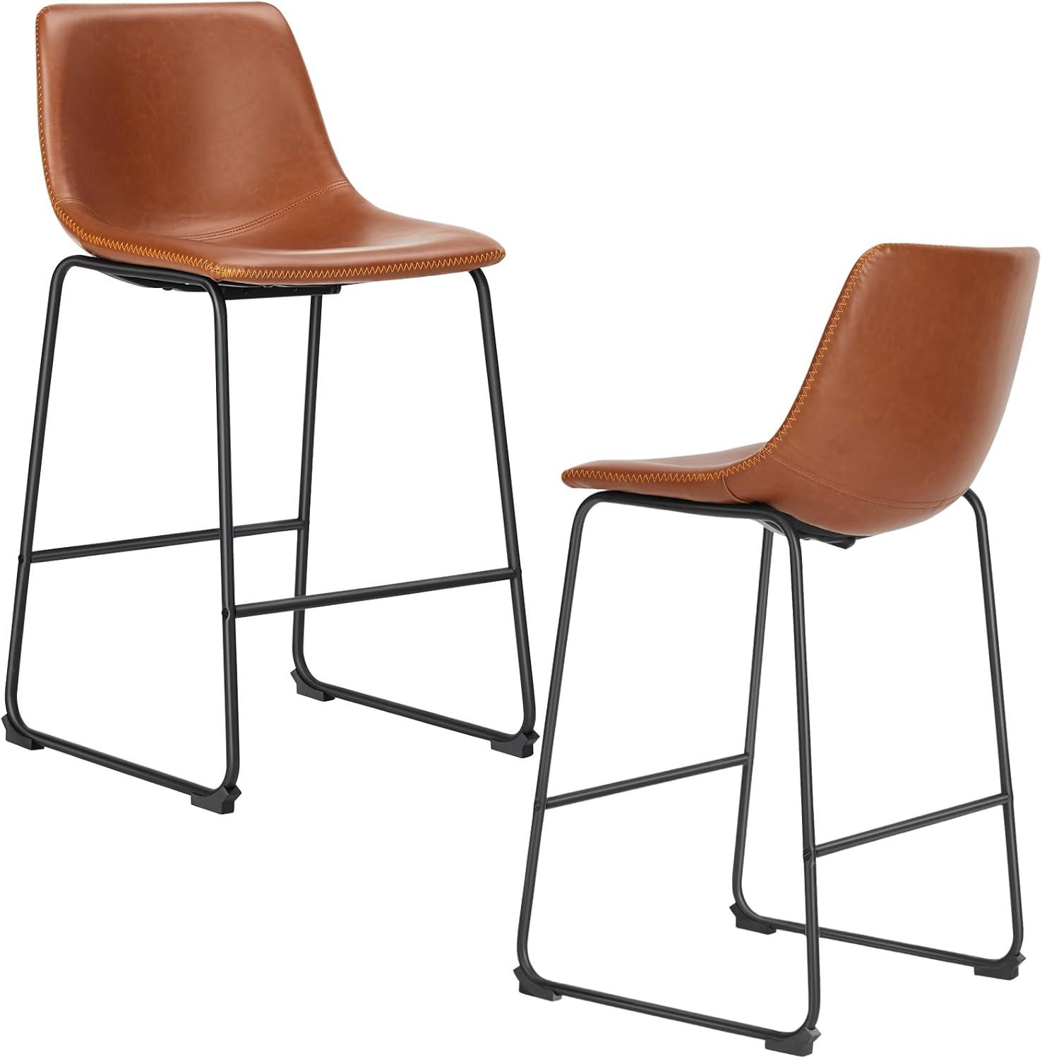 Yangming Counter Height Bar Stools Set of 2 With Back and Footrest, Metal Frame, 26 inch, Brown