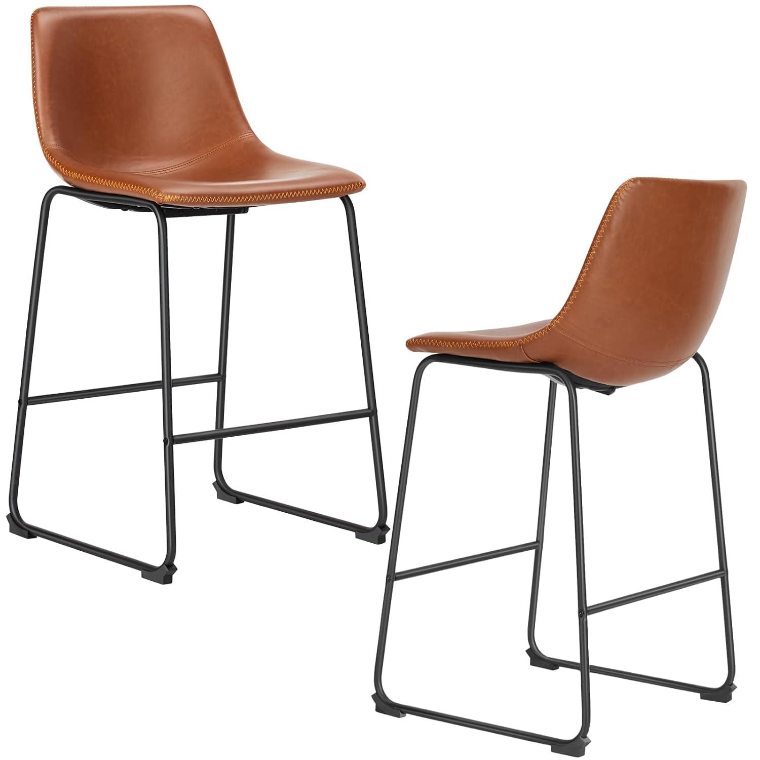 EDX Counter Height Bar Stools Set of 2 With Back and Footrest, Metal Frame, 26 inch, Brown