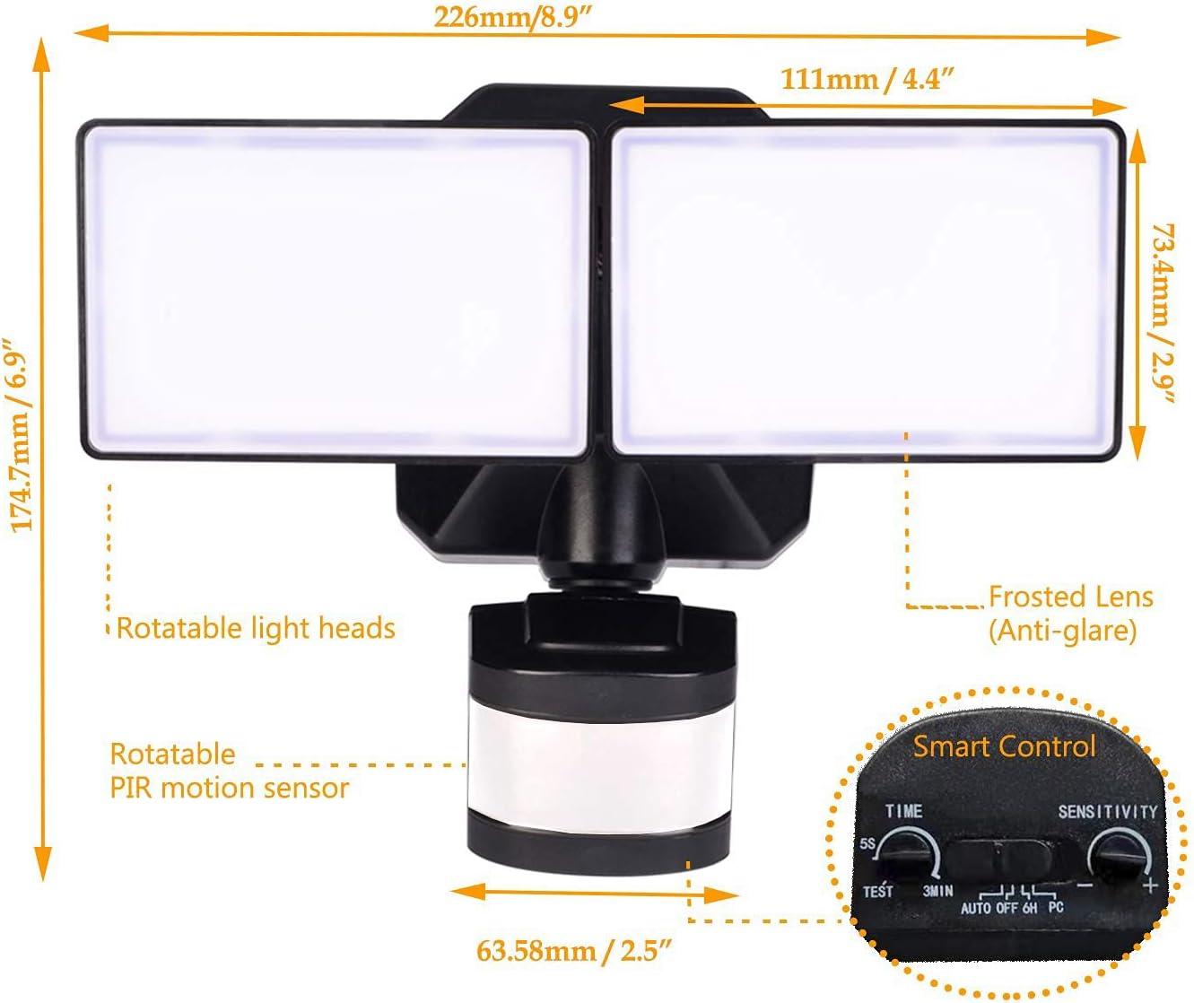 Dusk-to-Dawn Floodlights with Motion Sensor, 5000K Daylight White, ETL Certified, IP65 Outdoor Dual-Head Rotatable LED Security Flood Light for Porch, Driveway, EMANER (Black Fixture, 2-Pack)