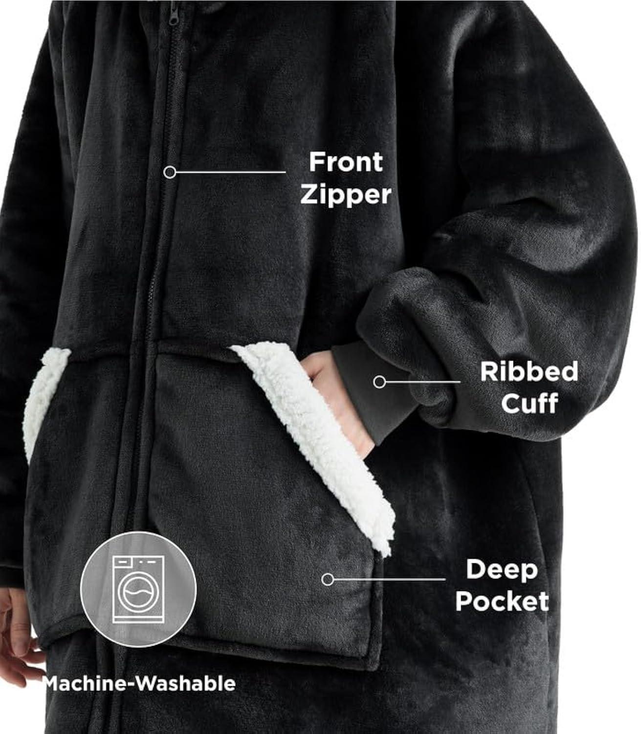 Bedsure Blanket Hoodie, Wearable Blanket for Adults & Kids as Gifts for Women Men, Birthday Gifts for Women Mom Girl Sherpa Oversized Hoodie, Black, Standard