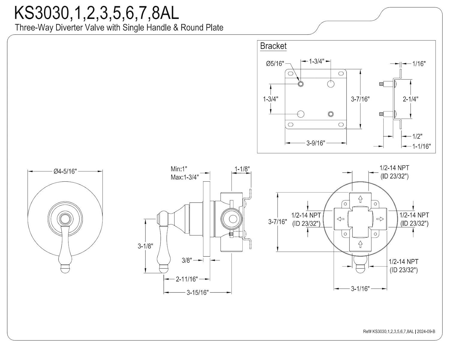 Kingston Brass Kingston Brass Single-Handle Wall Mount Three-Way Diverter Valve with Trim Kit KS3031AL