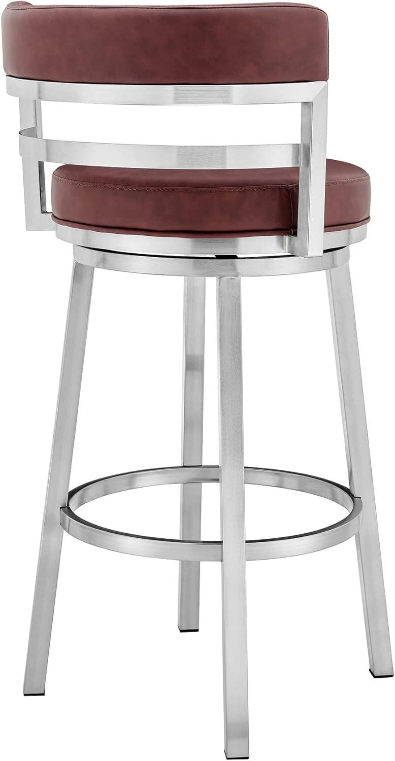 Titana 30" Red Faux Leather Swivel Bar Stool with Brushed Stainless Steel Base