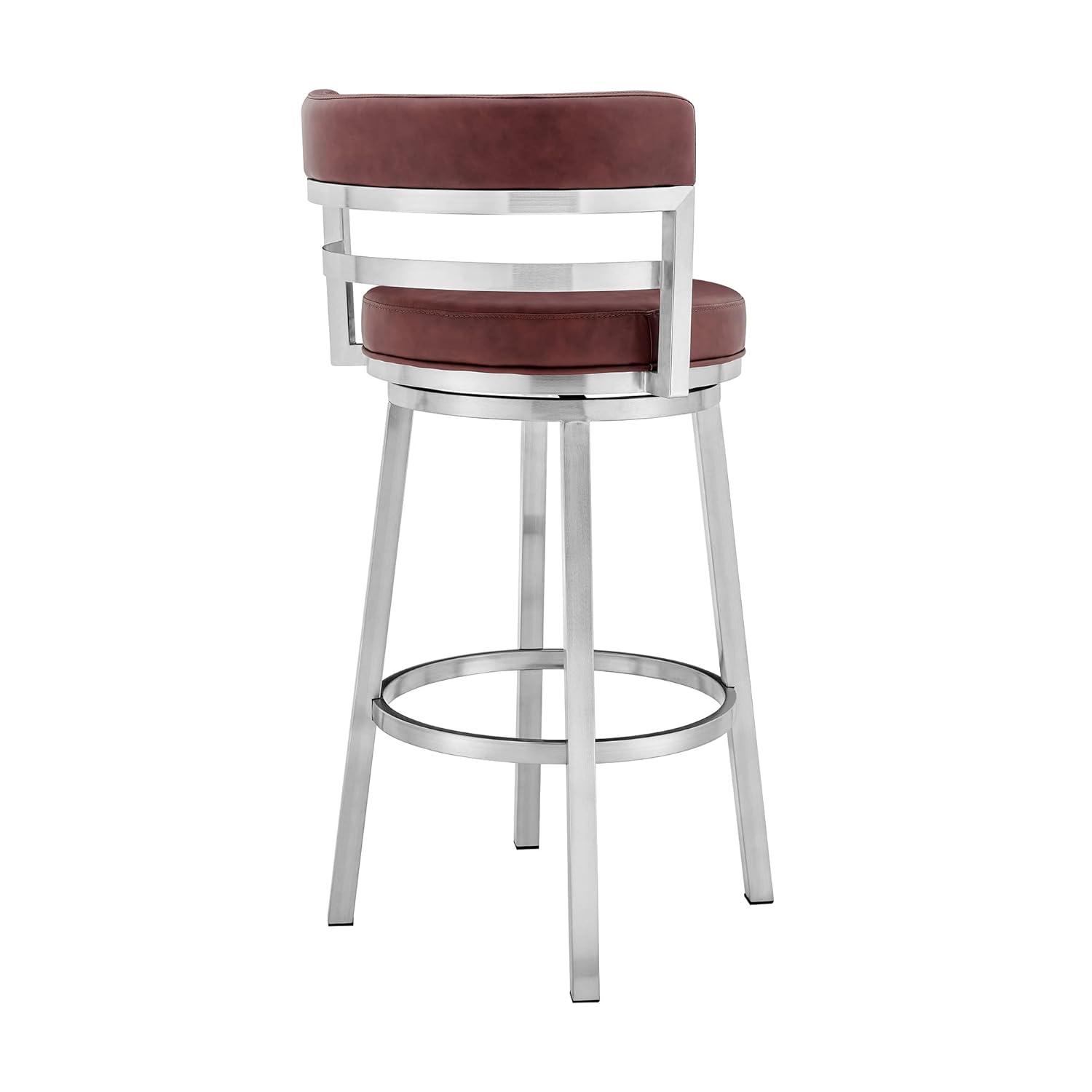 Armen Living Titana 30" Bar Height Swivel Red Faux Leather and Brushed Stainless Steel Bar Stool