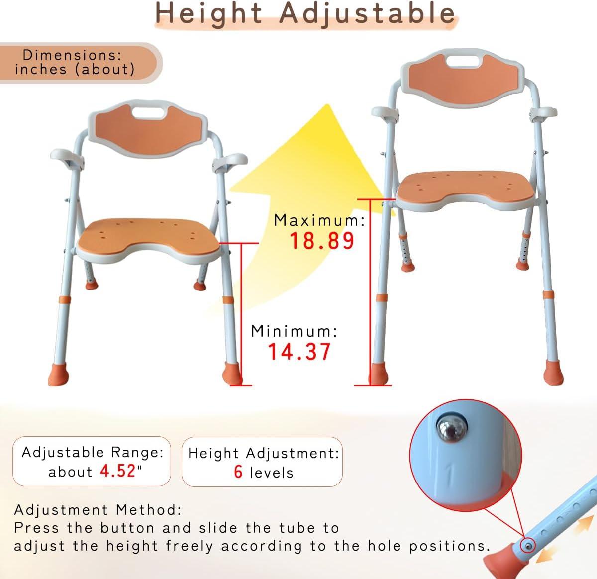 Lumizone Shower Chair 6-Level Adjustable Height with Armrests and Back Heavy Duty Foldable Bathtub Chair for Slip Resistant Thick Pipe U-Shaped Seat with Drain Holes Backrest and Waterproof Cushion