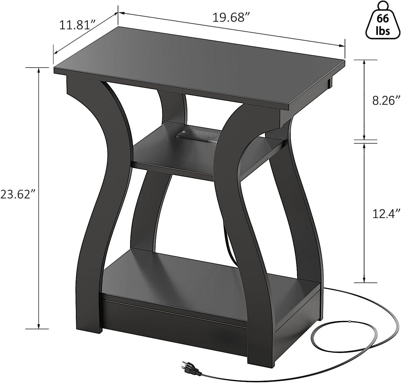 End Table with Charging Station, Side Table with USB Ports and Outlets, Nightstand, 3 Tier End Table with Storage Shelf for Living Room, Bedroom (Black)