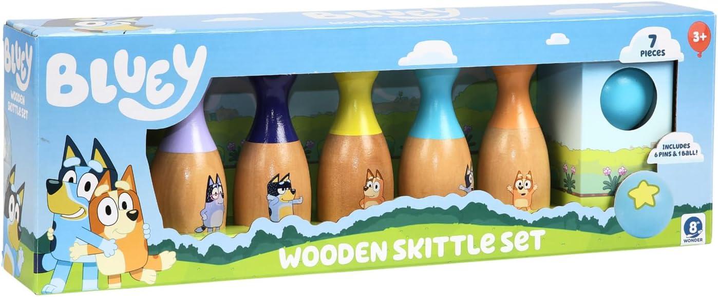Bluey Wooden Bowling Skittles Set, Indoor & Outdoor Bowling Play, 6 Pins and 1 Bowling Ball, Ages 3+