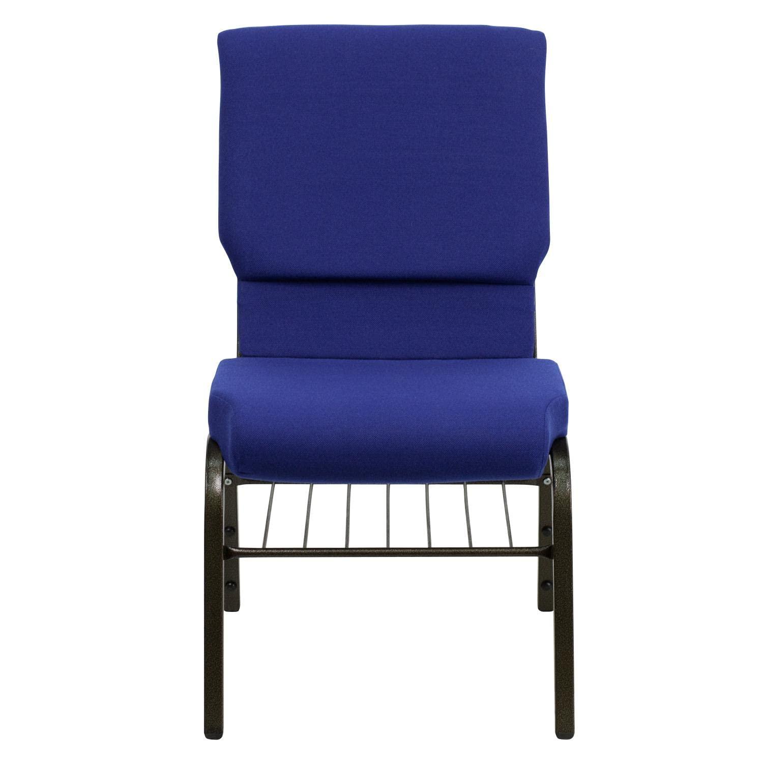 BizChair 18.5''W Church Chair in Navy Blue Fabric with Book Rack - Gold Vein Frame