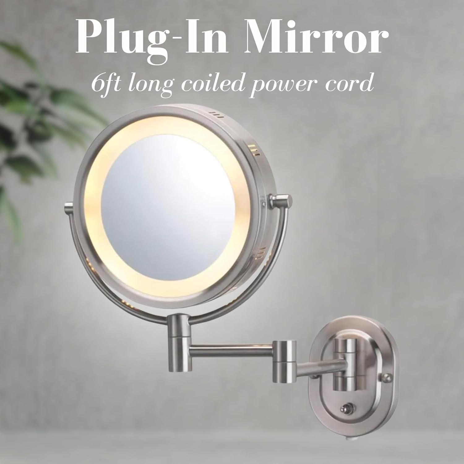 Jerdon 8-inch Two-Sided Lighted Makeup Mirror, 5X-1X Magnification - Plug in - Nickel Finish - Model HL65N