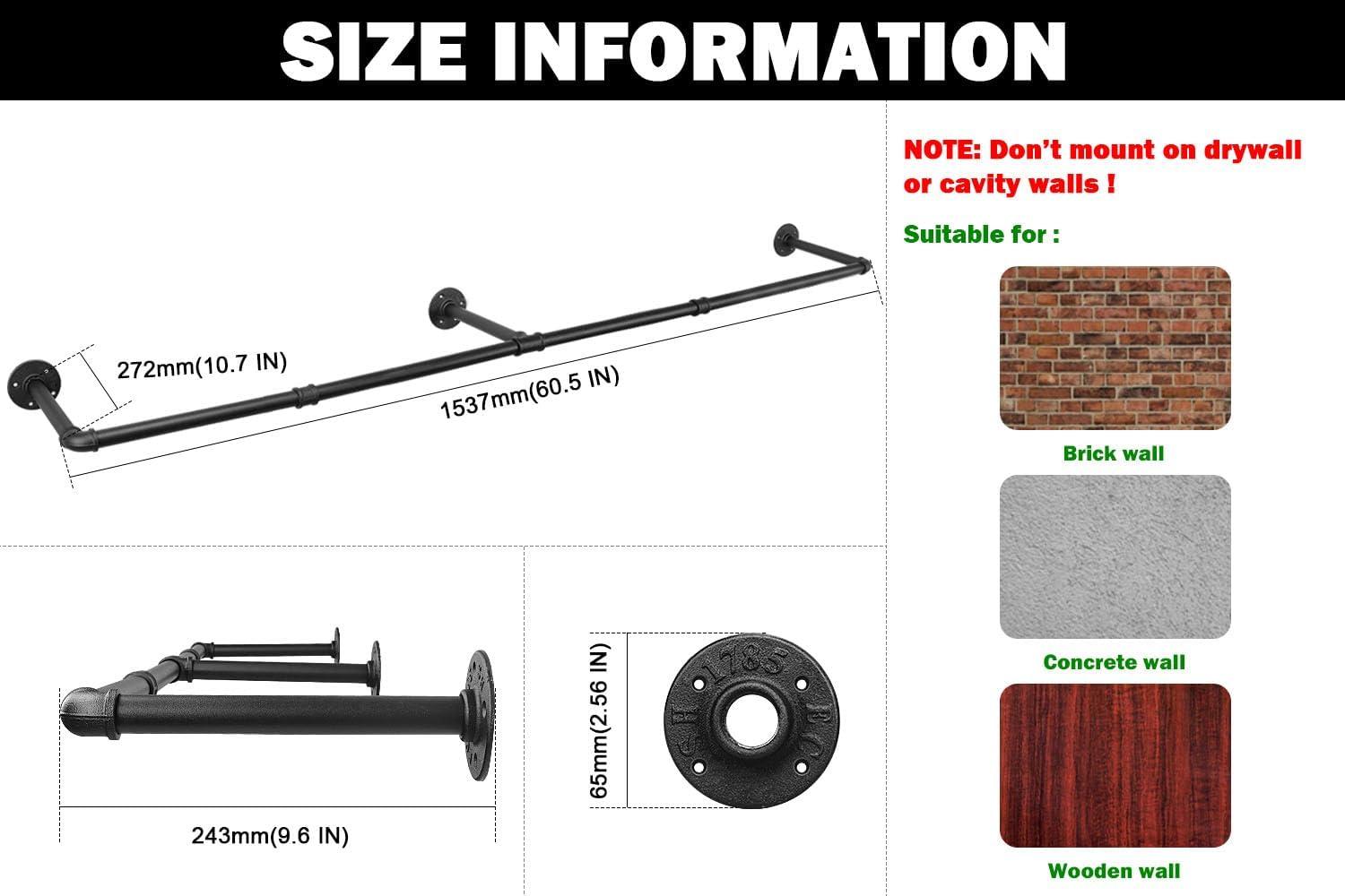 Livabber Industrial Pipe Clothes Rack, Heavy Duty Detachable Iron Garment Rack Wall Mounted, Rustic Saving Space Clothes Bar Multi-Purpose Hanging Rod for Bedroom, Closet, Black (60 Inch)